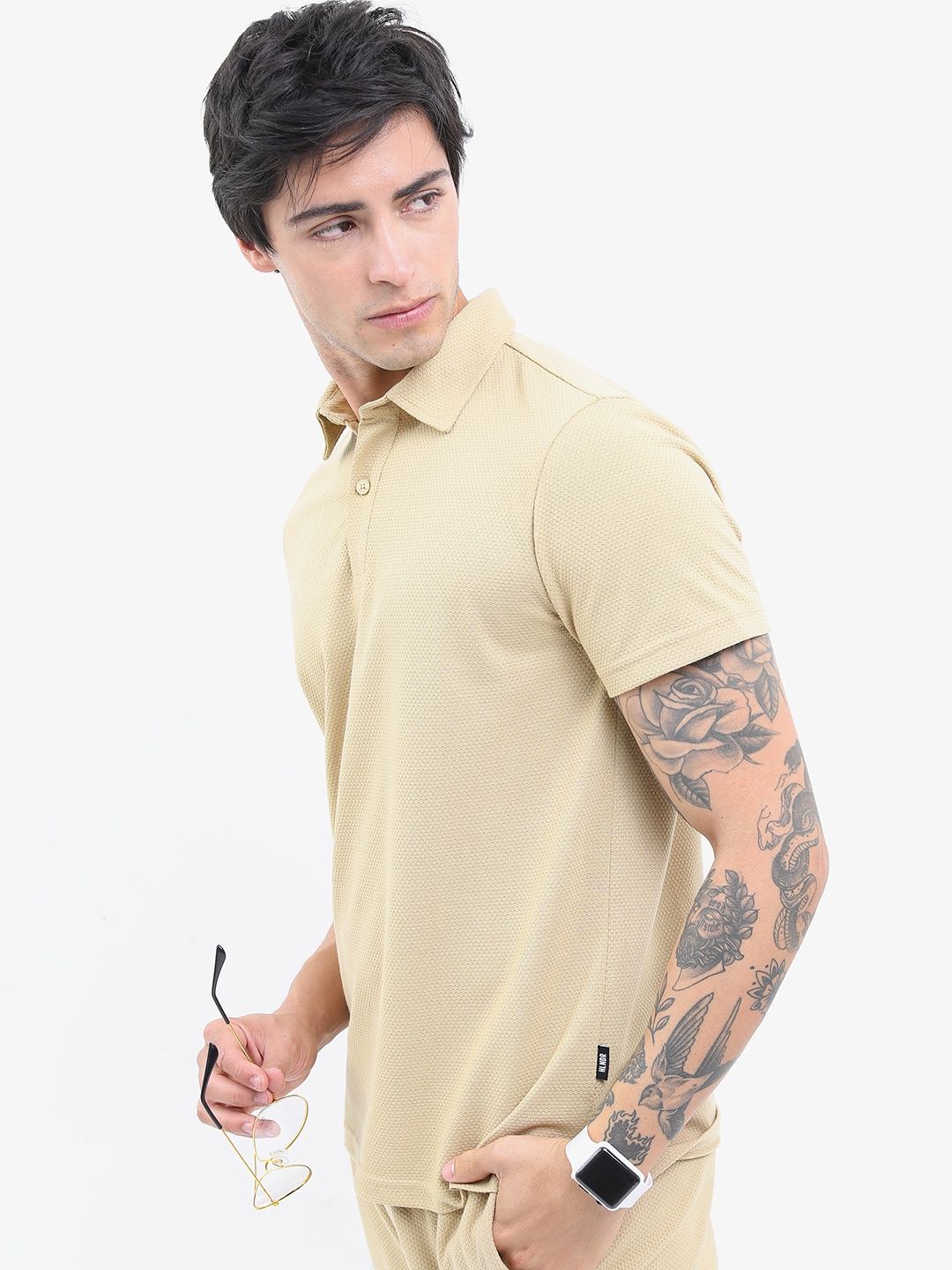 Highlander Men's Popcorn Structured Regular Fit Polo Collar T-shirt | Cream | M