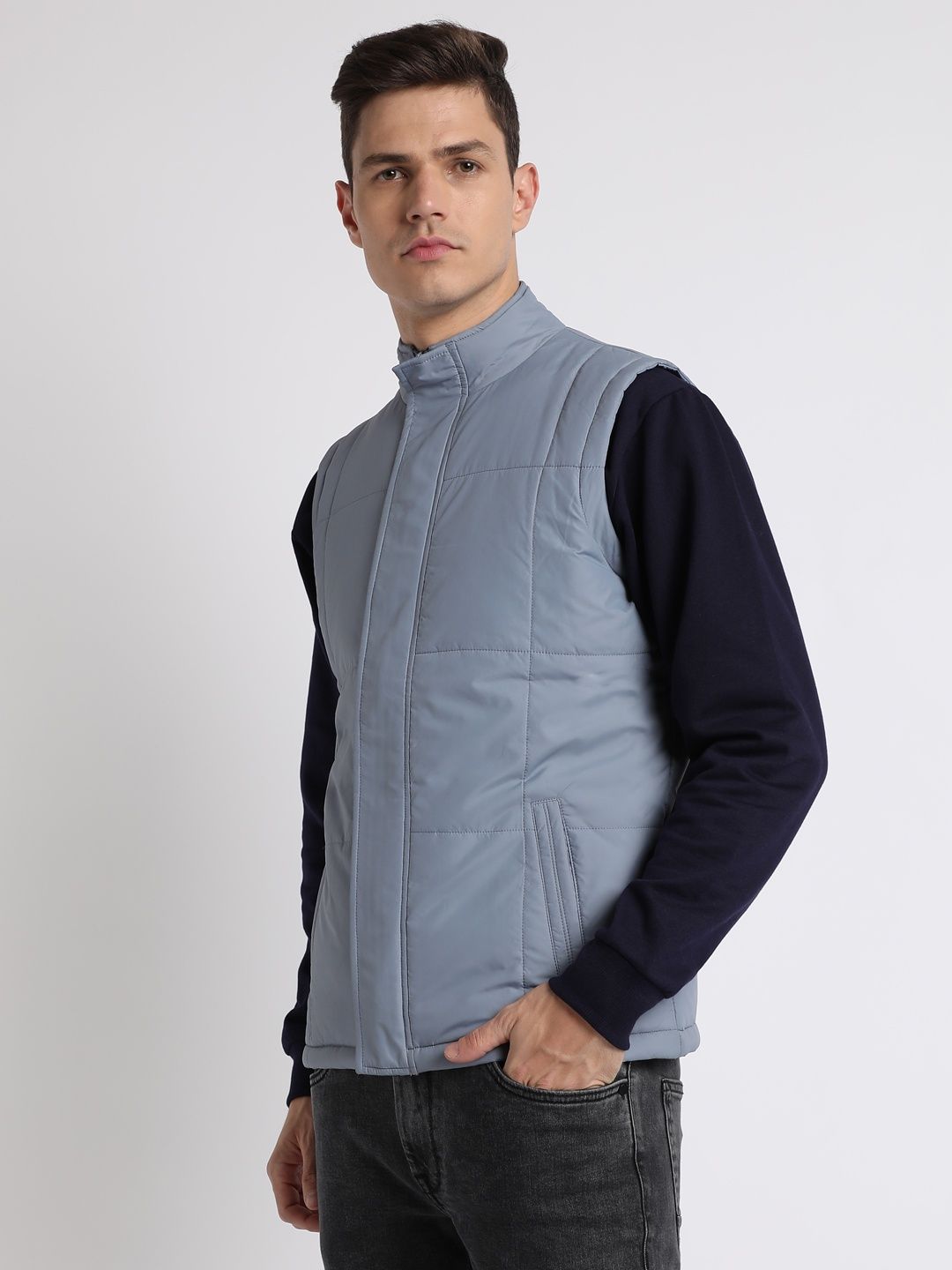 Dennis Lingo Men's High Neck Regular Fit Solid Blue Jacket | Dlmjkw23014 - Bl | L