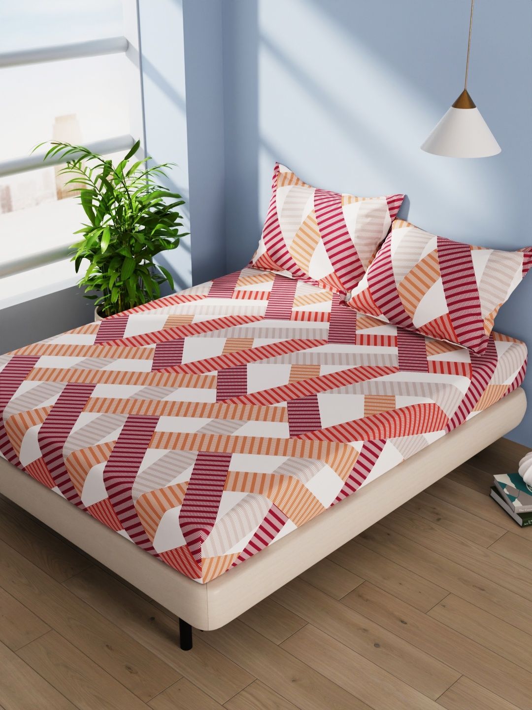 Bianca Cotton Double Bedsheet With 2 Pillow Covers 3pc Set | Serina Geometric - Rust/Multi