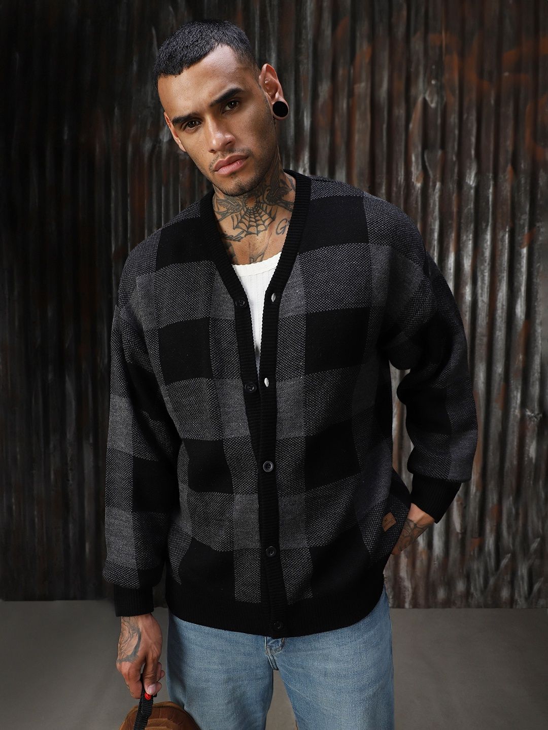 High Star Men's Checked Oversized Fit Cardigan Sweater | Grey - M