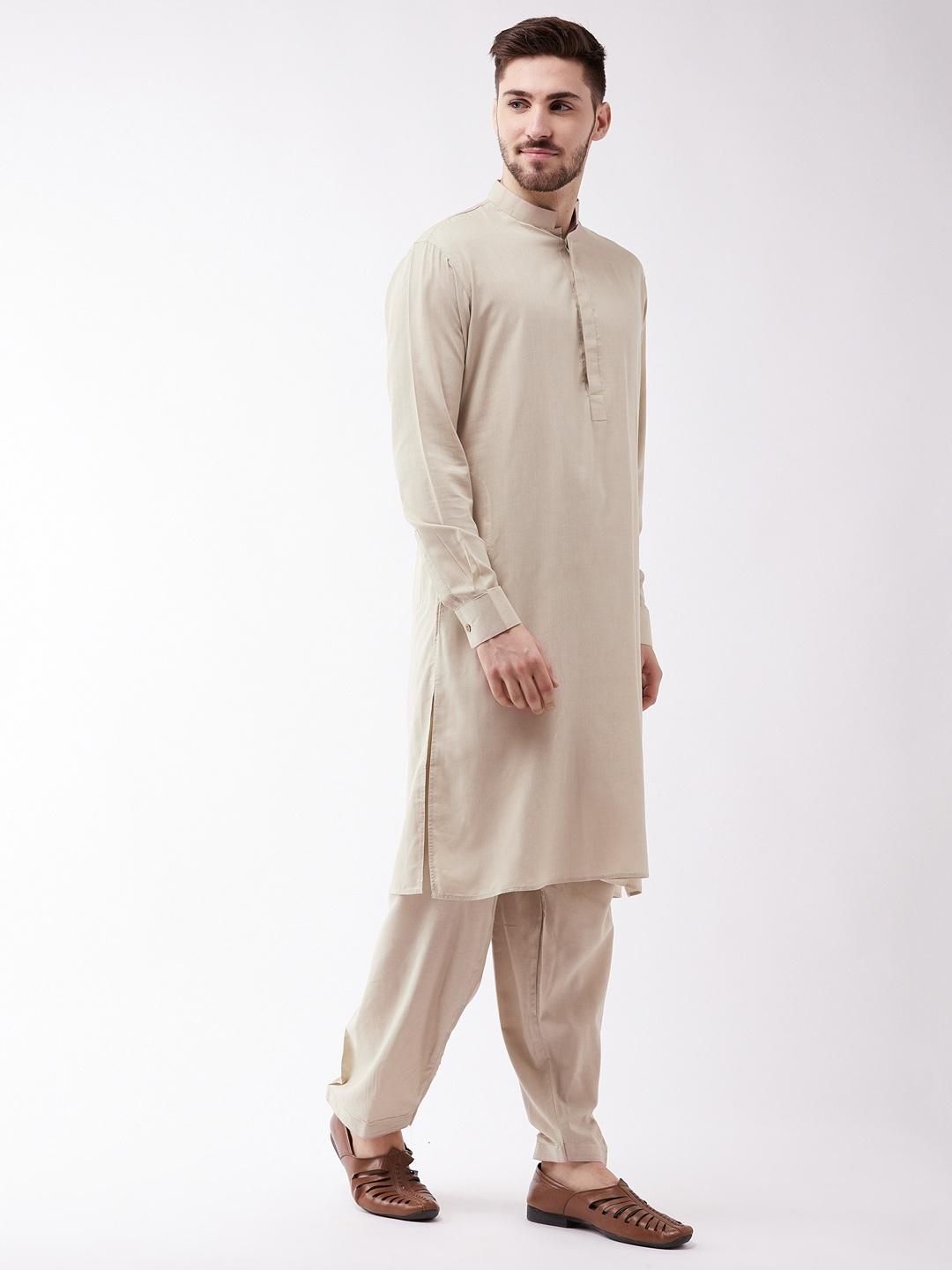 Vastramay Men's Cotton Blend Kurta and Patiala Set | Beige - L