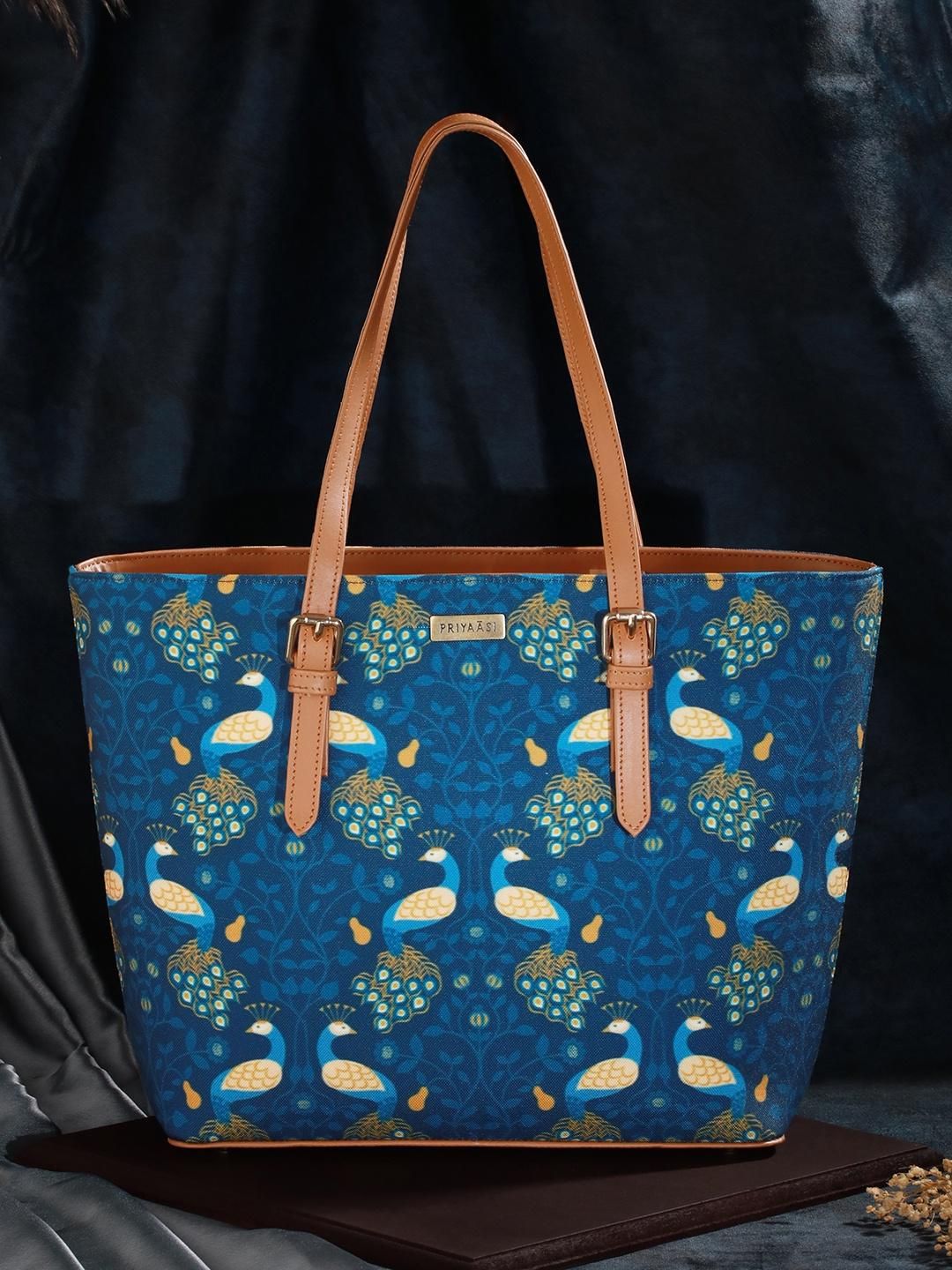 Priyaasi Women's Fabric 15.5 L Double Handle Tote Bag | Blue and Brown