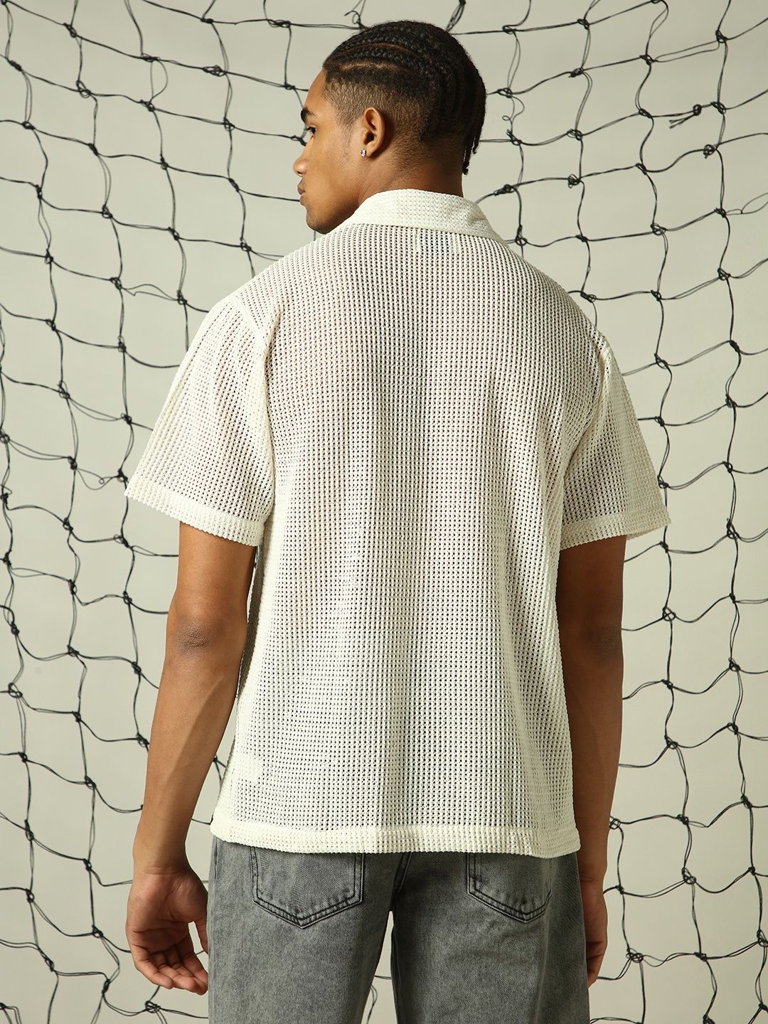 Hubberholme Men's Opaque Solid Cuban Collar Textured Fabric Oversized Casual Shirt | White - 38