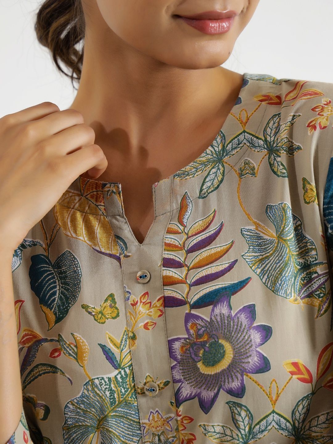 Sanskrutihomes Printed Pure Cotton Night Suit | Beige | L