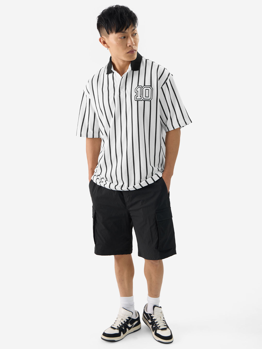 The Souled Store Men's Stripes Timeless Noir Oversized Polo | Multicolour - M
