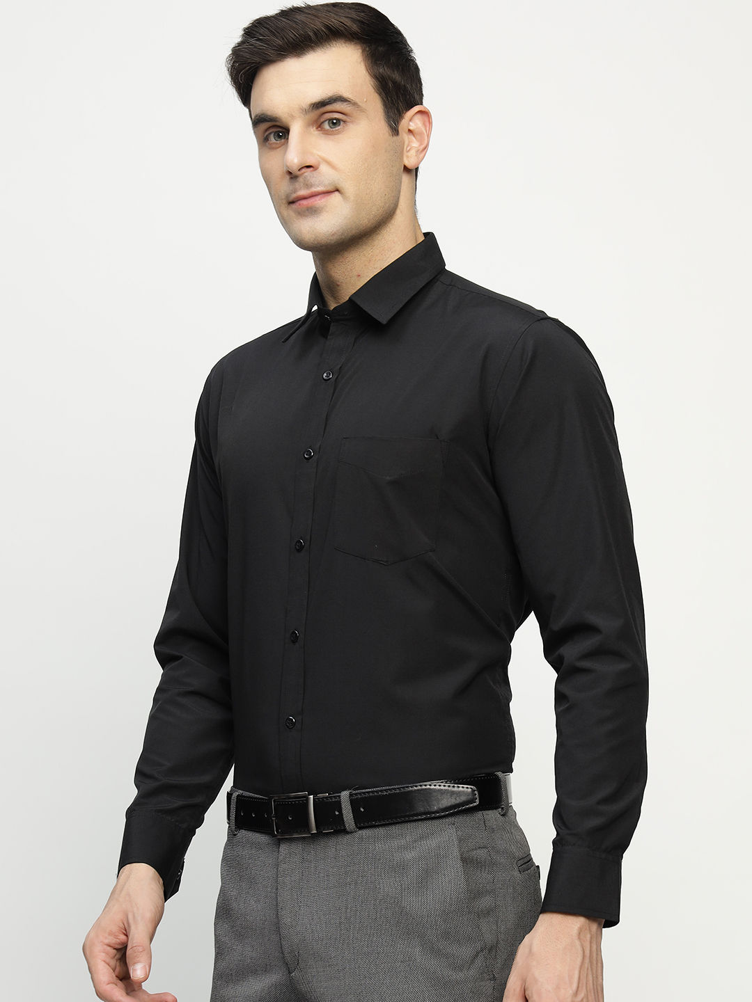 English Navy Men's Polyester Solid Slim Fit Button Closure Formal Shirt | Black - M