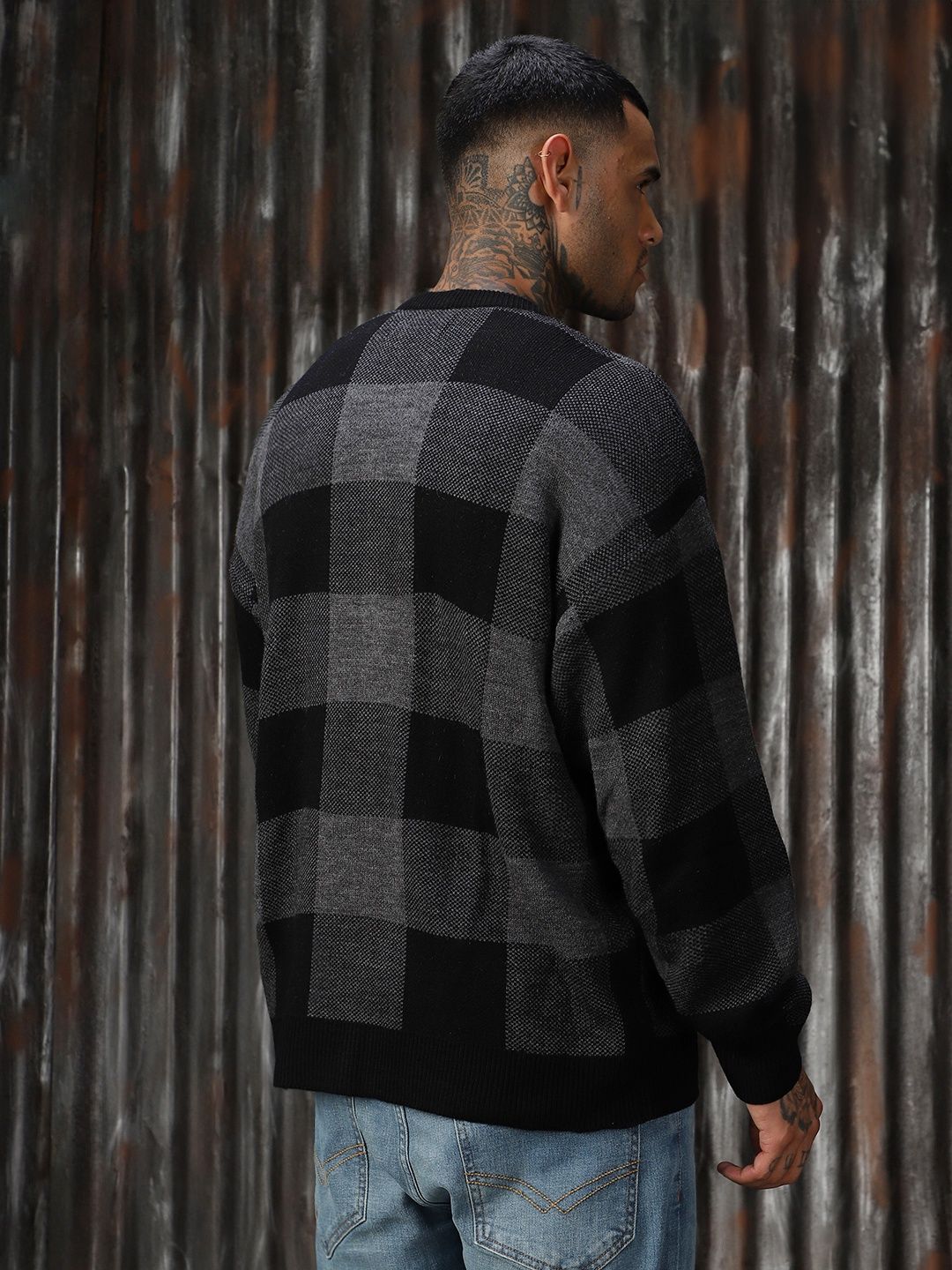 High Star Men's Checked Oversized Fit Cardigan Sweater | Grey - M