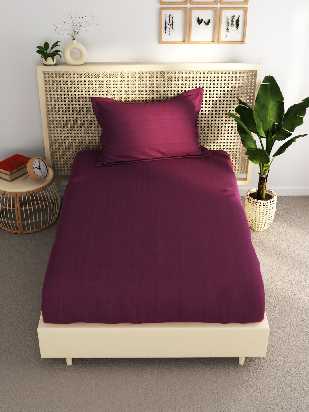 Kopa Super Soft 100% Egyptian Cotton Satin Stripe Single Bedsheet 2pc Set Solid Wine