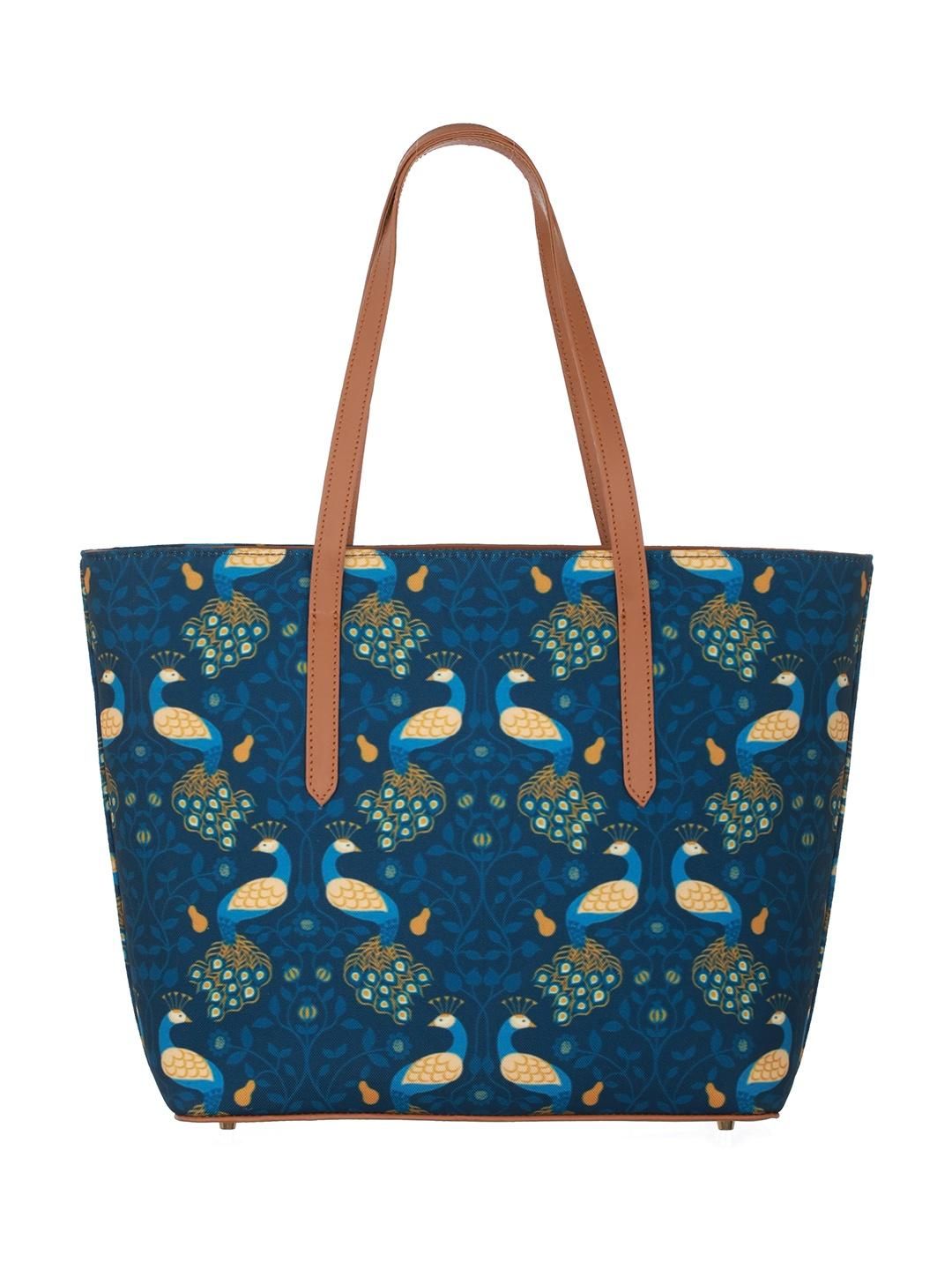 Priyaasi Women's Fabric 15.5 L Double Handle Tote Bag | Blue and Brown