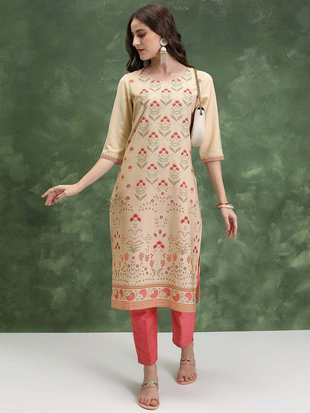 KETCH Women's Printed Straight Kurta | Cream - M