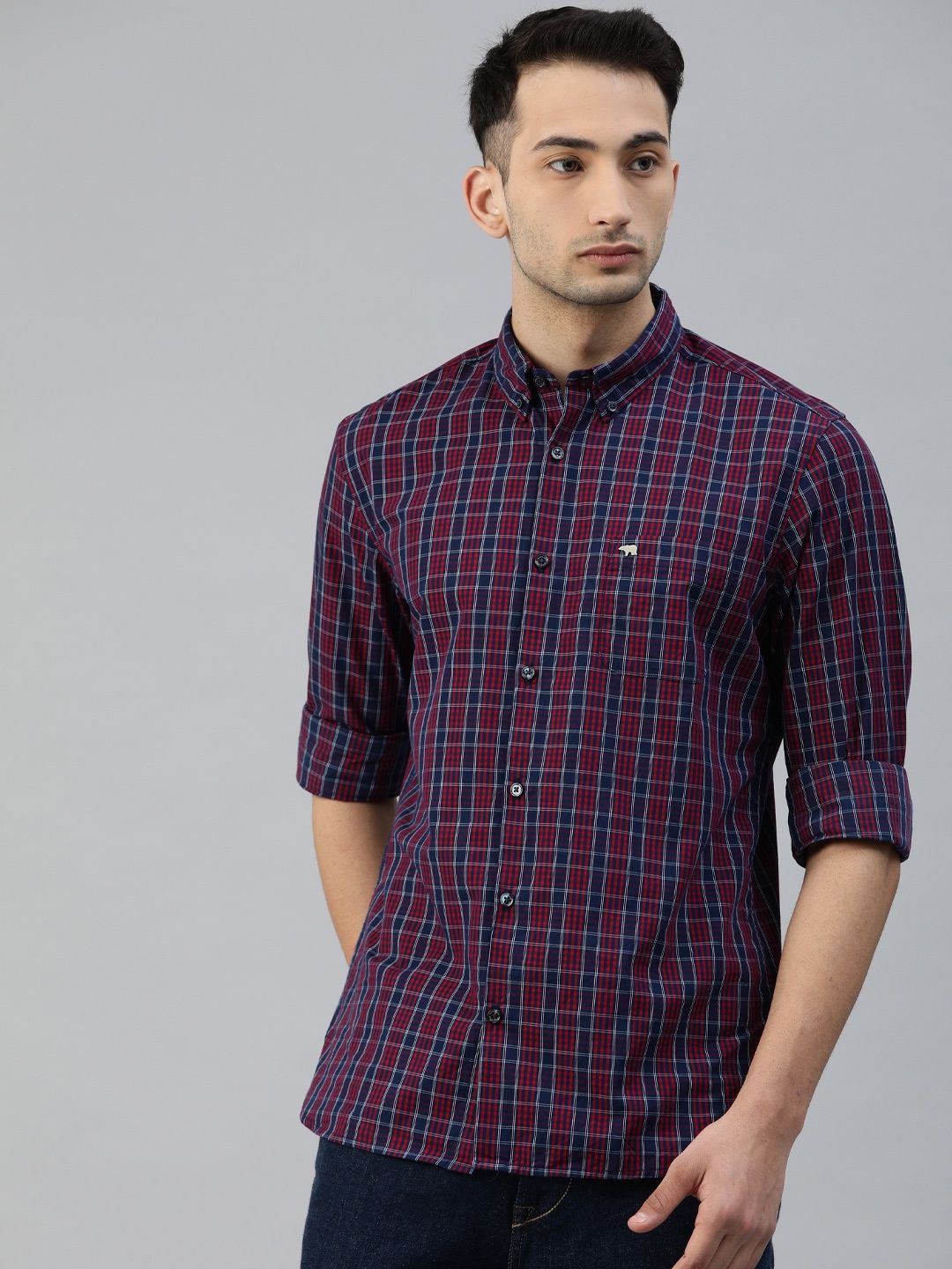 The Bear House Men Slim Fit Checked Button-Down Casual Shirt - Aliston | Red | XXL