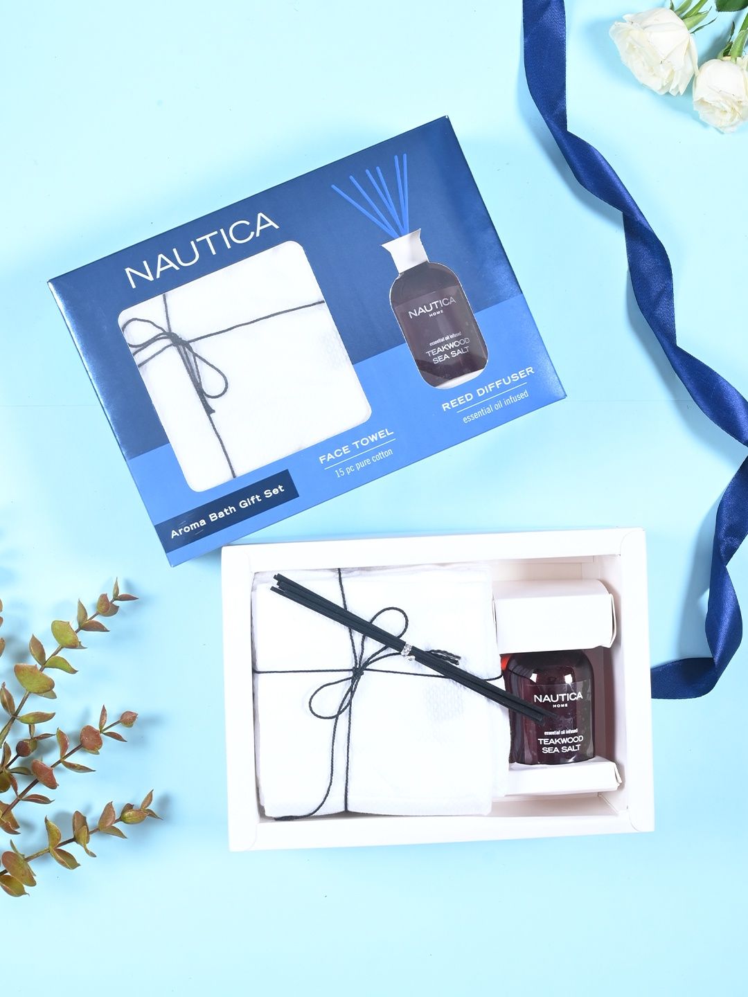 Nautica Cotton Towels and Reed Diffuser Reed Diffuser Teak Wood| Rakhi Gift for Brother & Sister