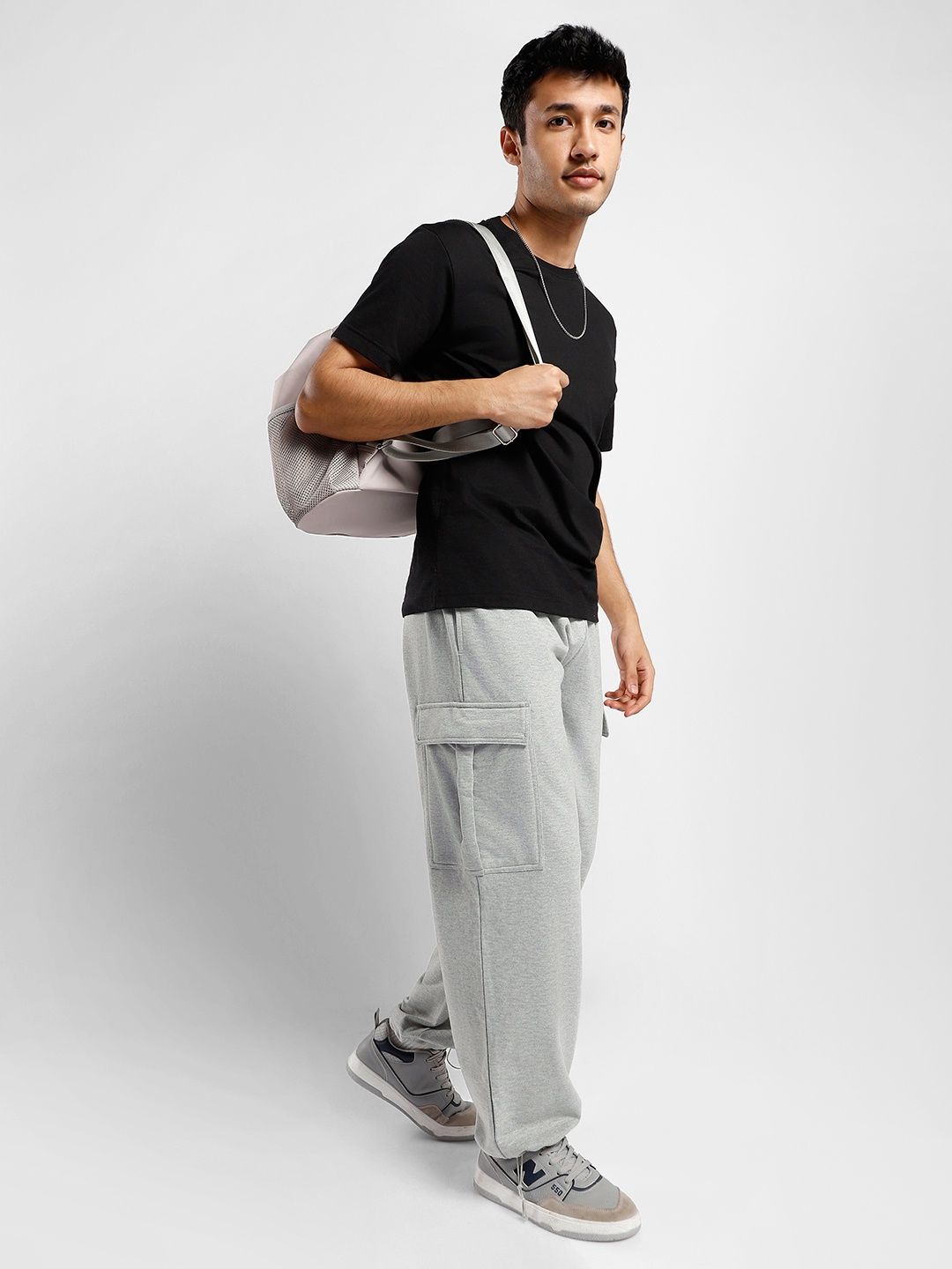 Nobero Men's Oversized Cargo Joggers | Grey Melange - L