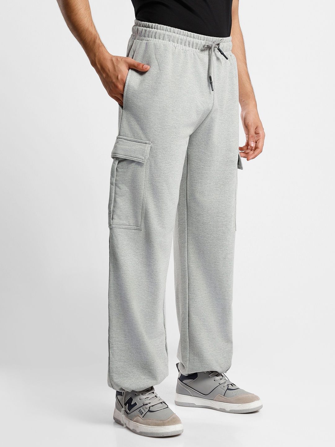 Nobero Men's Oversized Cargo Joggers | Grey Melange - L