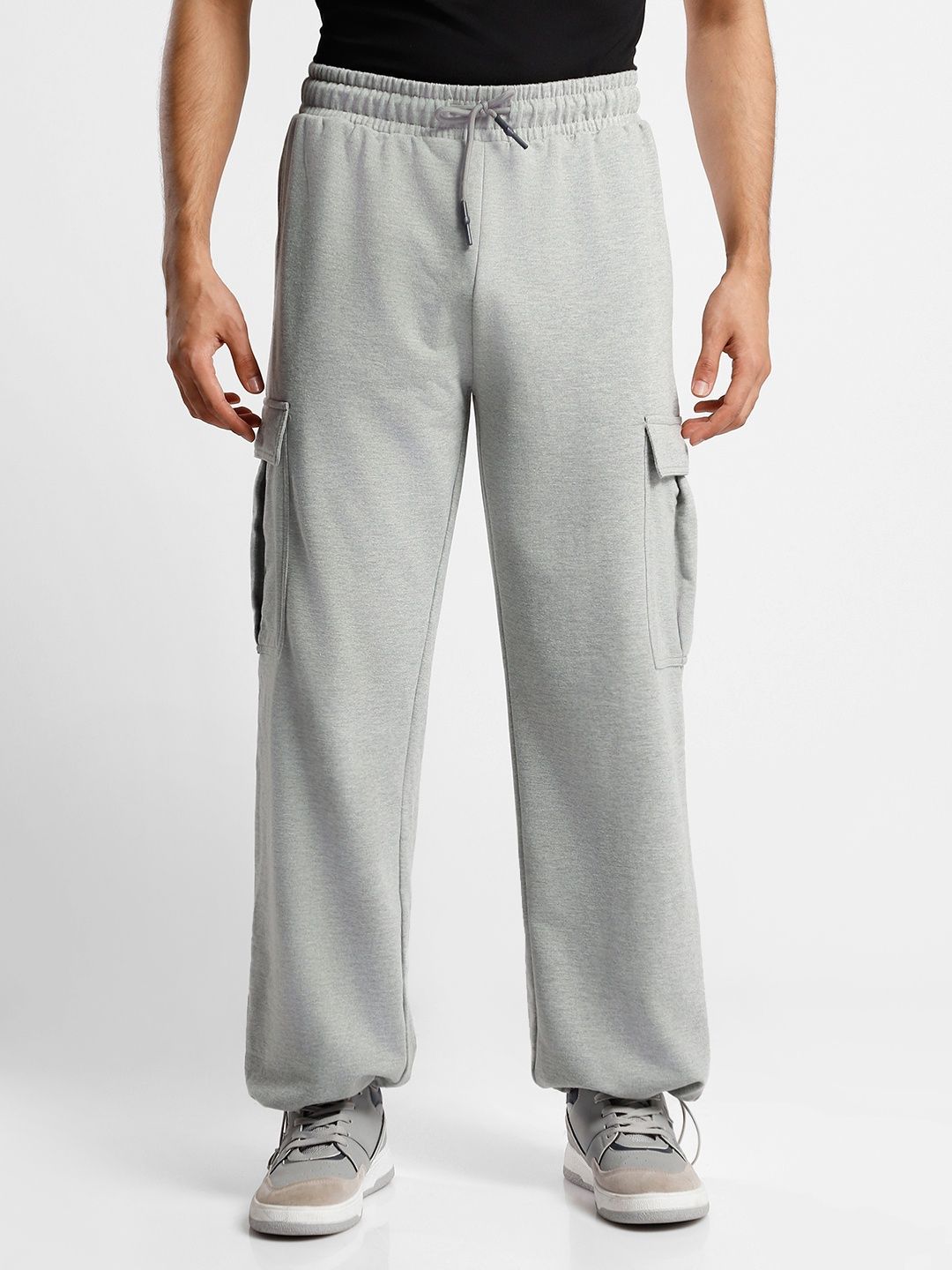 Nobero Men's Oversized Cargo Joggers | Grey Melange - L