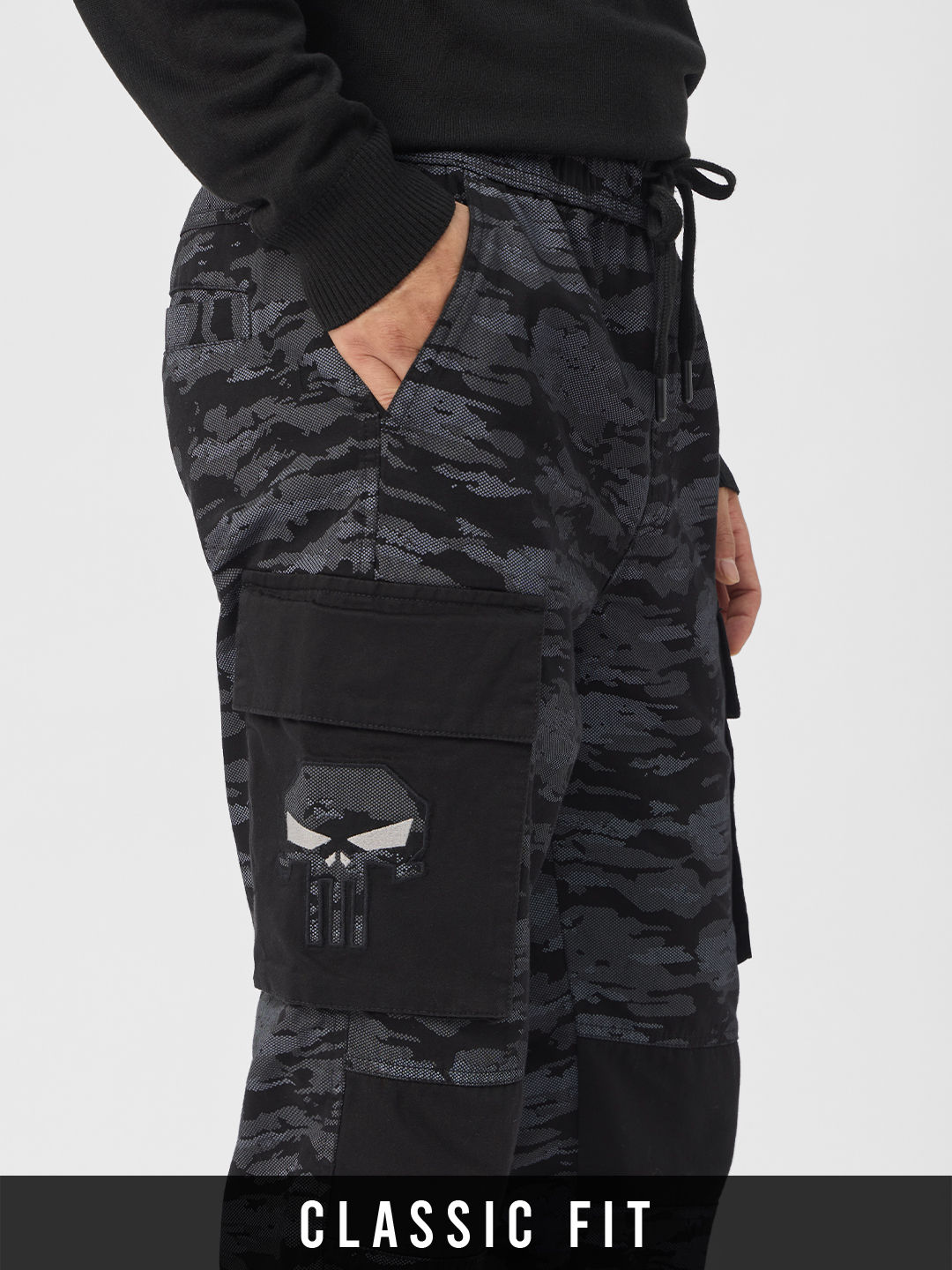 The Souled Store Men's Punisher One Man Army Cargo Joggers | Black - 34