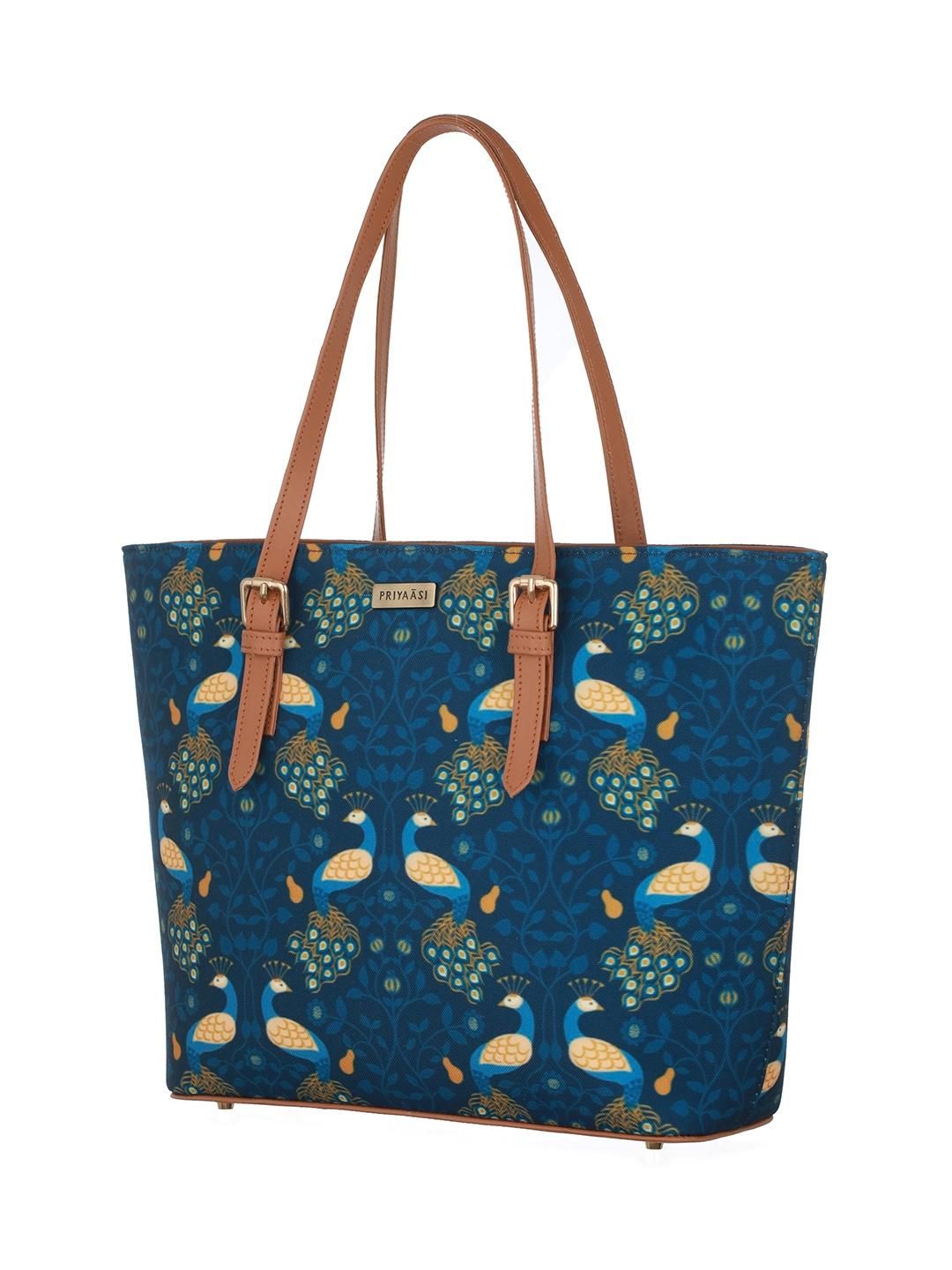 Priyaasi Women's Fabric 15.5 L Double Handle Tote Bag | Blue and Brown