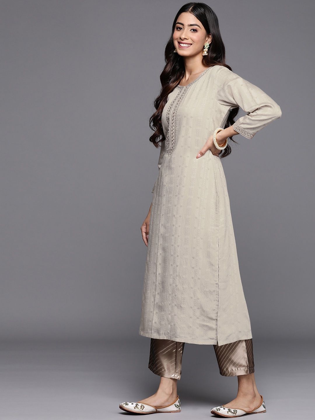 Libas Women Taupe Viscose (Dobby) Self Design With Zari Work Straight Kurta - 28069XL