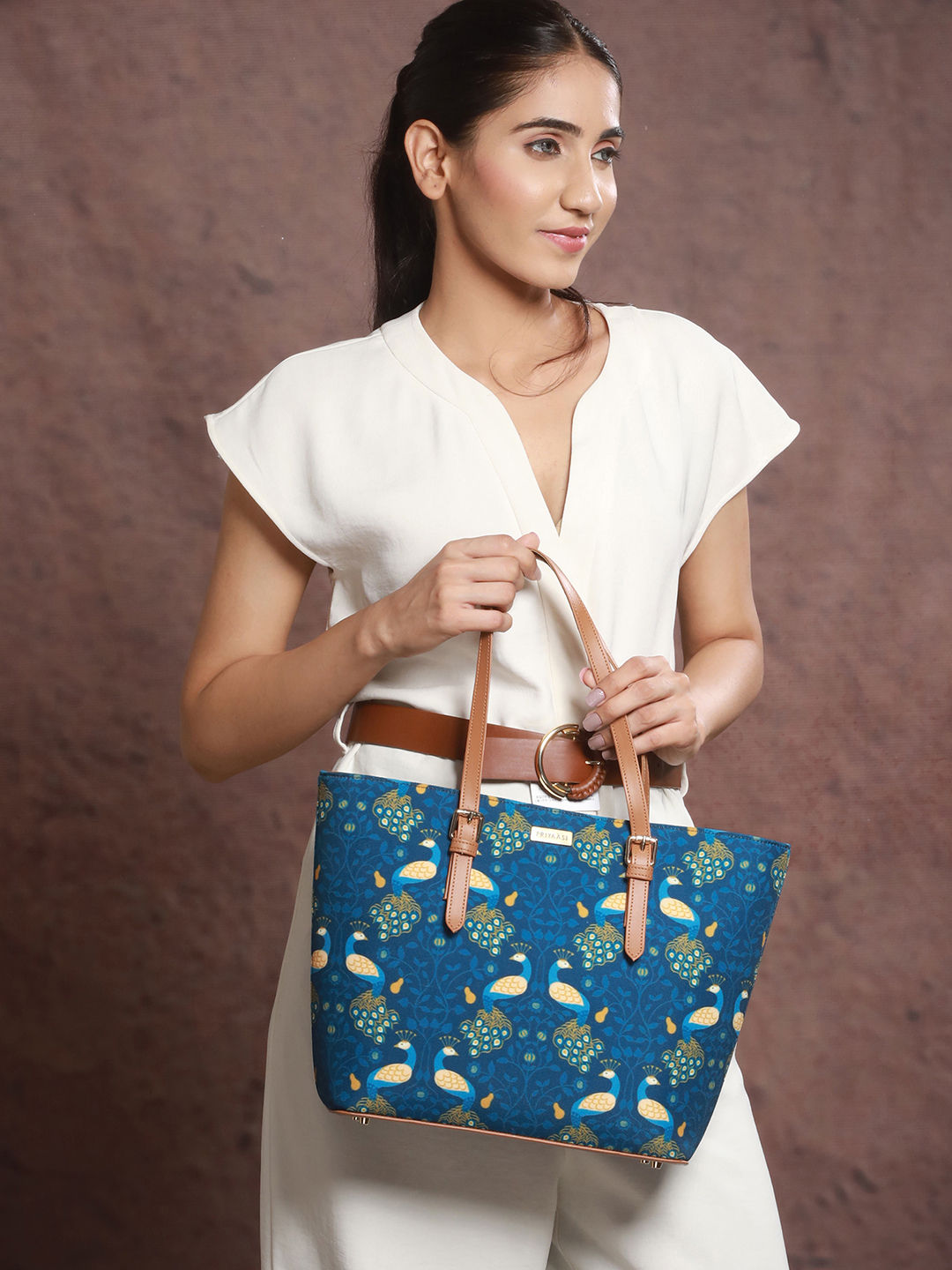 Priyaasi Women's Fabric 15.5 L Double Handle Tote Bag | Blue and Brown