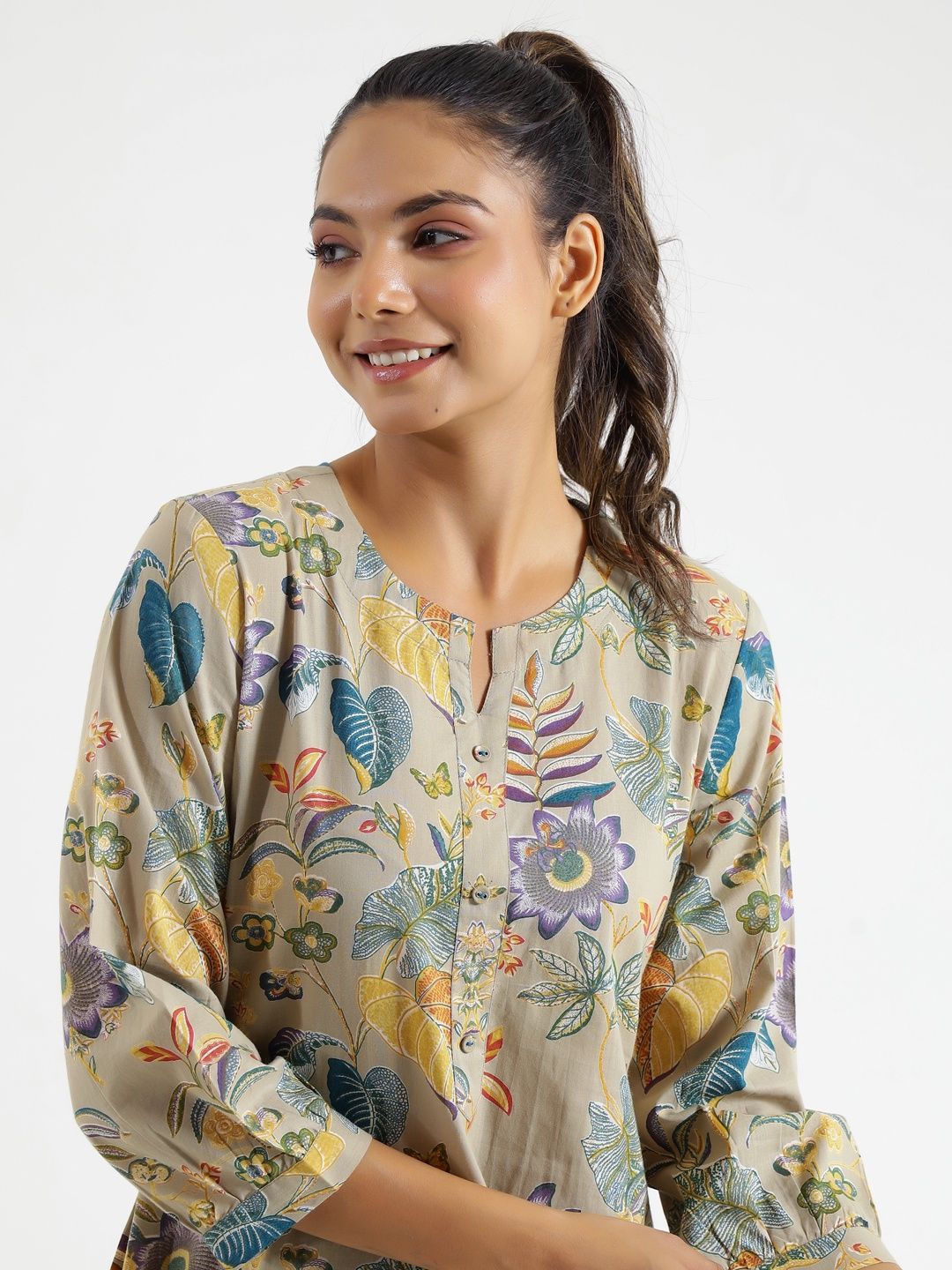 Sanskrutihomes Printed Pure Cotton Night Suit | Beige | L