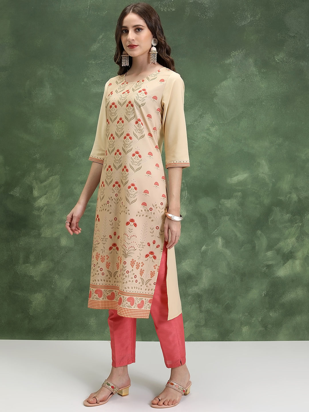 KETCH Women's Printed Straight Kurta | Cream - M