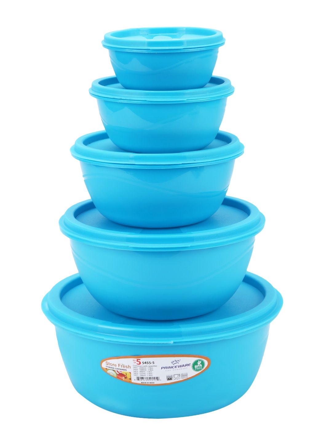 Princeware Store Fresh Bowl Container Set of 5 Pcs | 295 ml+525 ml+900 ml+1.6 L+ 2.6 L Blue
