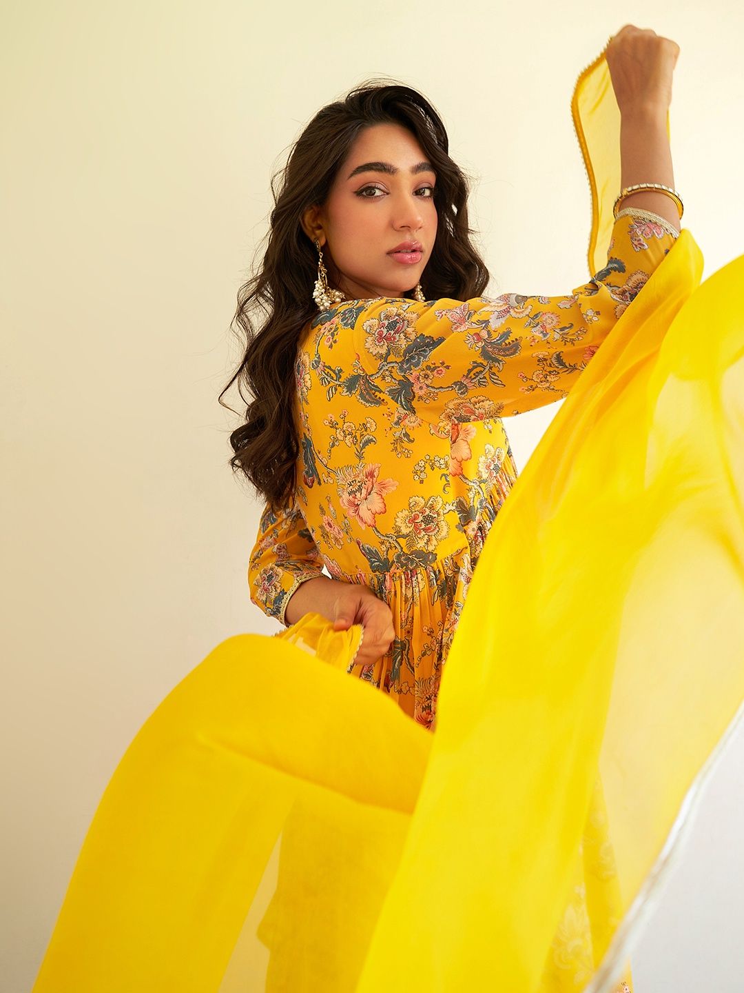 Janasya Women's Yellow Georgette Digital Floral Printed Kurta with Sharara and Dupatta | S