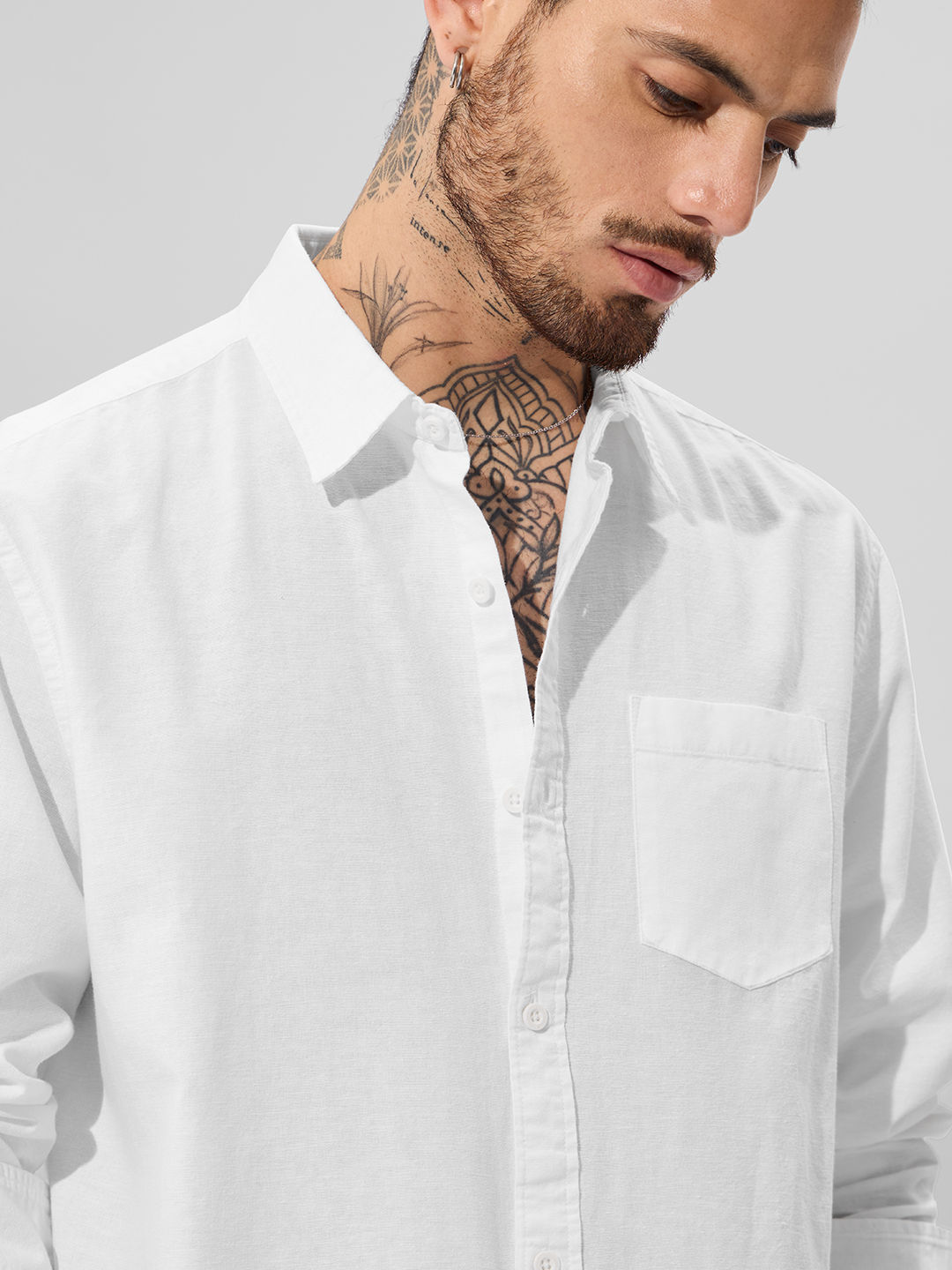 The Souled Store Men's Regular Pearl White Cotton Linen Shirts | White | M