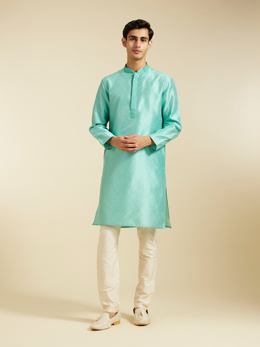 Diwas By Manyavar Green Art Silk Thread Work Self Design Kurta Set | L