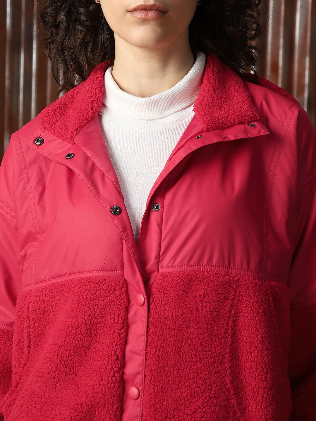 High Star Women's Self Design Hooded Front-Open Sweatshirt | Red - M