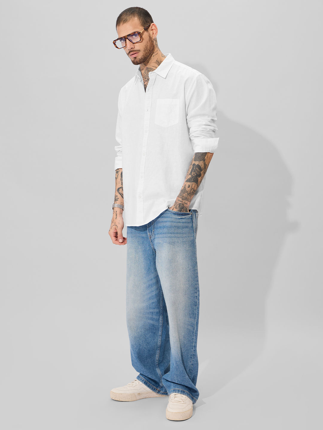 The Souled Store Men's Regular Pearl White Cotton Linen Shirts | White | M