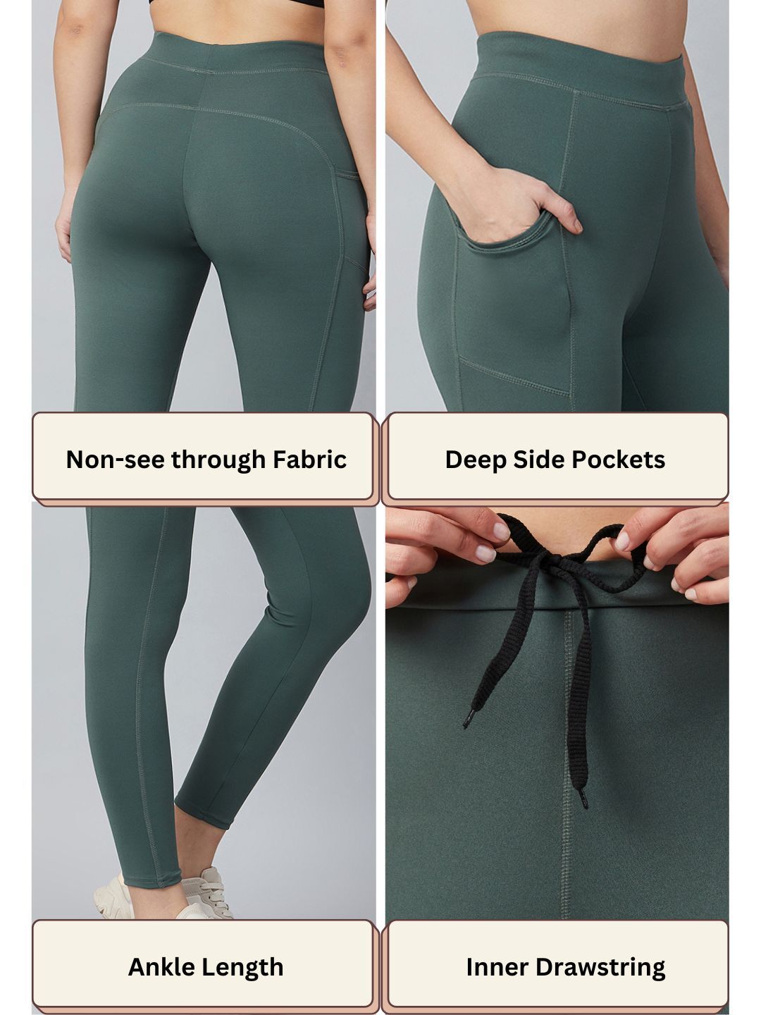 Blinkin Women's Gym Pants & Tights - Dark Green | Workout | With Side Pockets | L