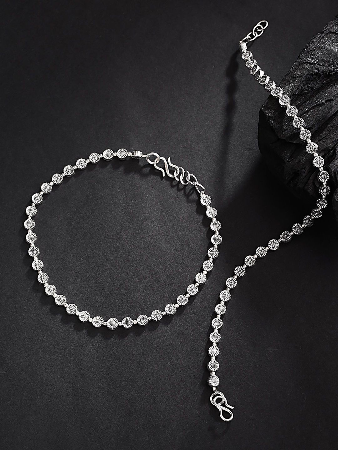 Priyaasi Set Of 2 Oxidised Silver Anklets