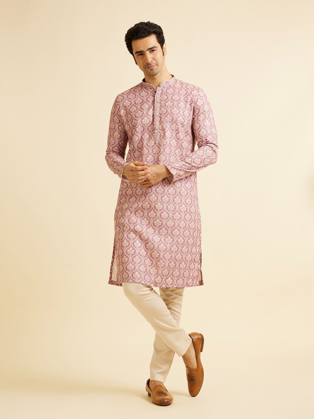 Manyavar Pink Blended Cotton Printed Kurta Set | S