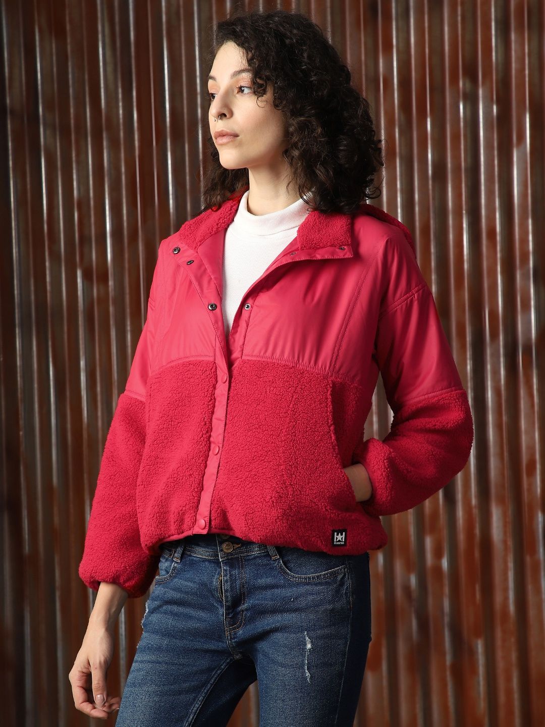 High Star Women's Self Design Hooded Front-Open Sweatshirt | Red - M