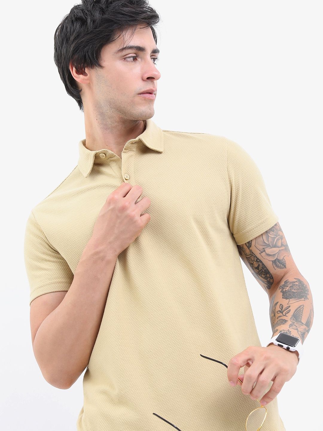 Highlander Men's Popcorn Structured Regular Fit Polo Collar T-shirt | Cream | M
