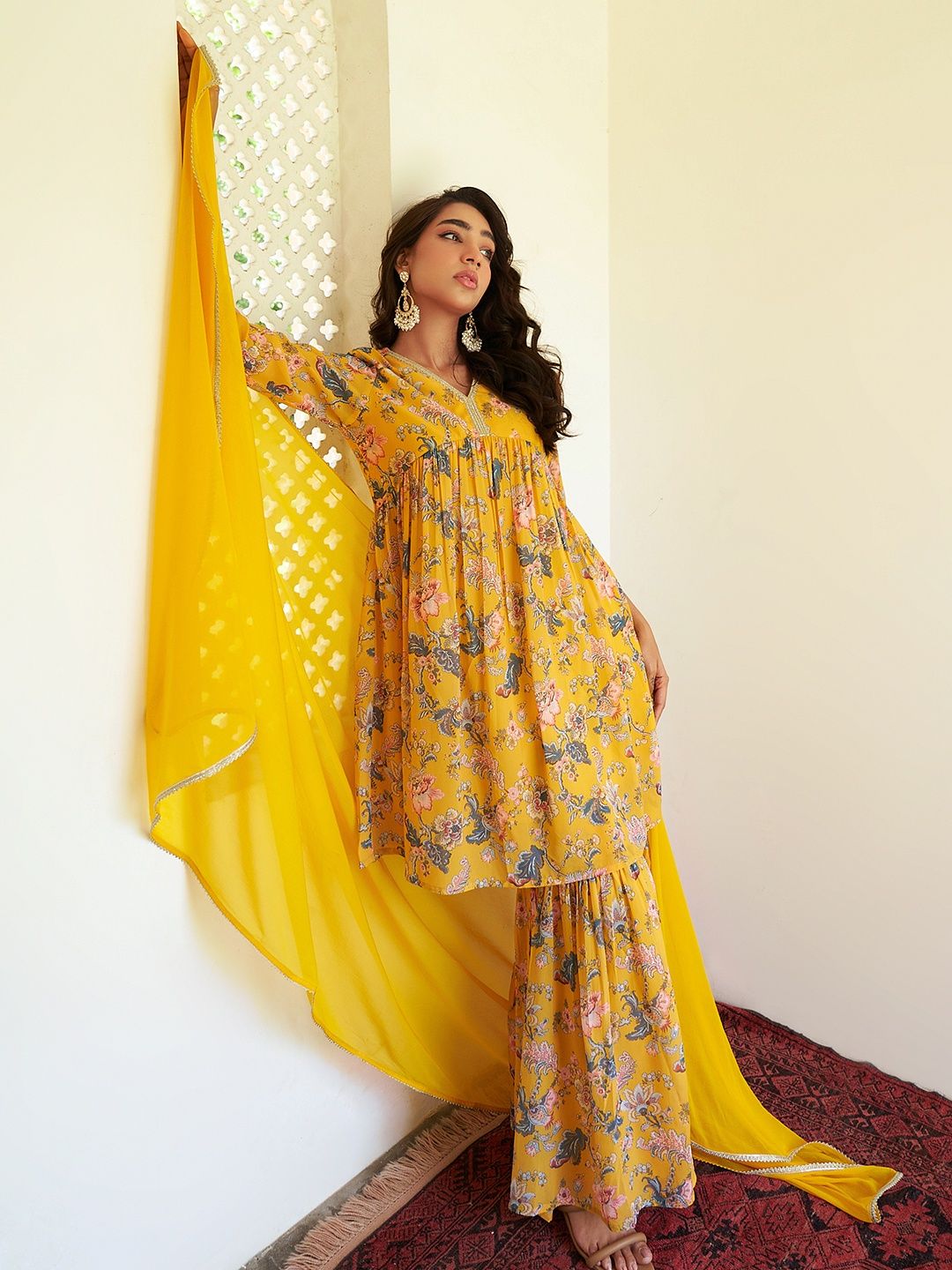 Janasya Women's Yellow Georgette Digital Floral Printed Kurta with Sharara and Dupatta | S