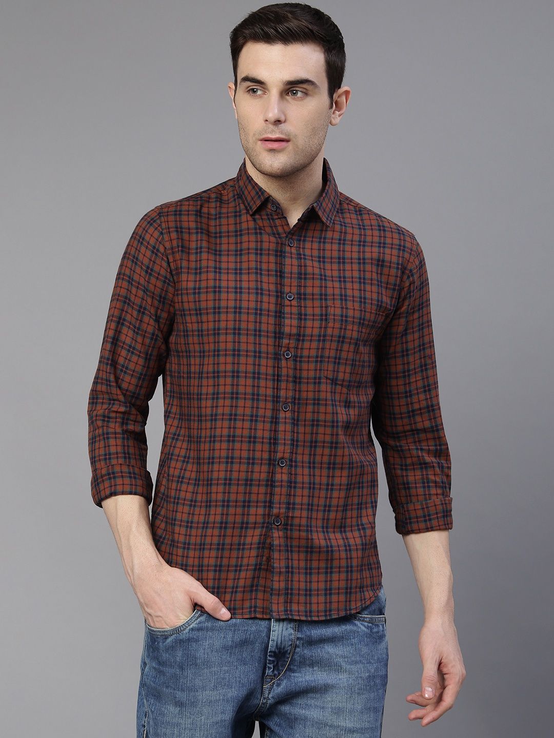 Dennis Lingo Men's Checkered Slim Fit Casual Shirt | Khaki | S