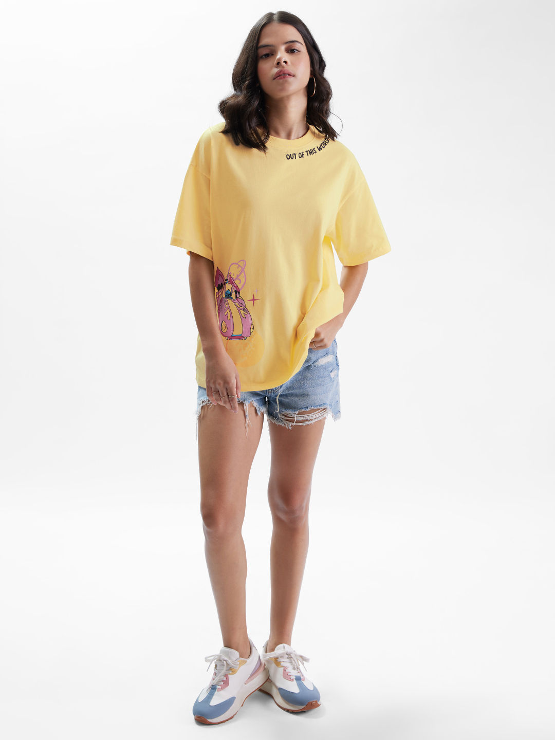 The Souled Store Women's Lilo & Stitch Out of This World! Oversized T-shirt | Yellow - XL