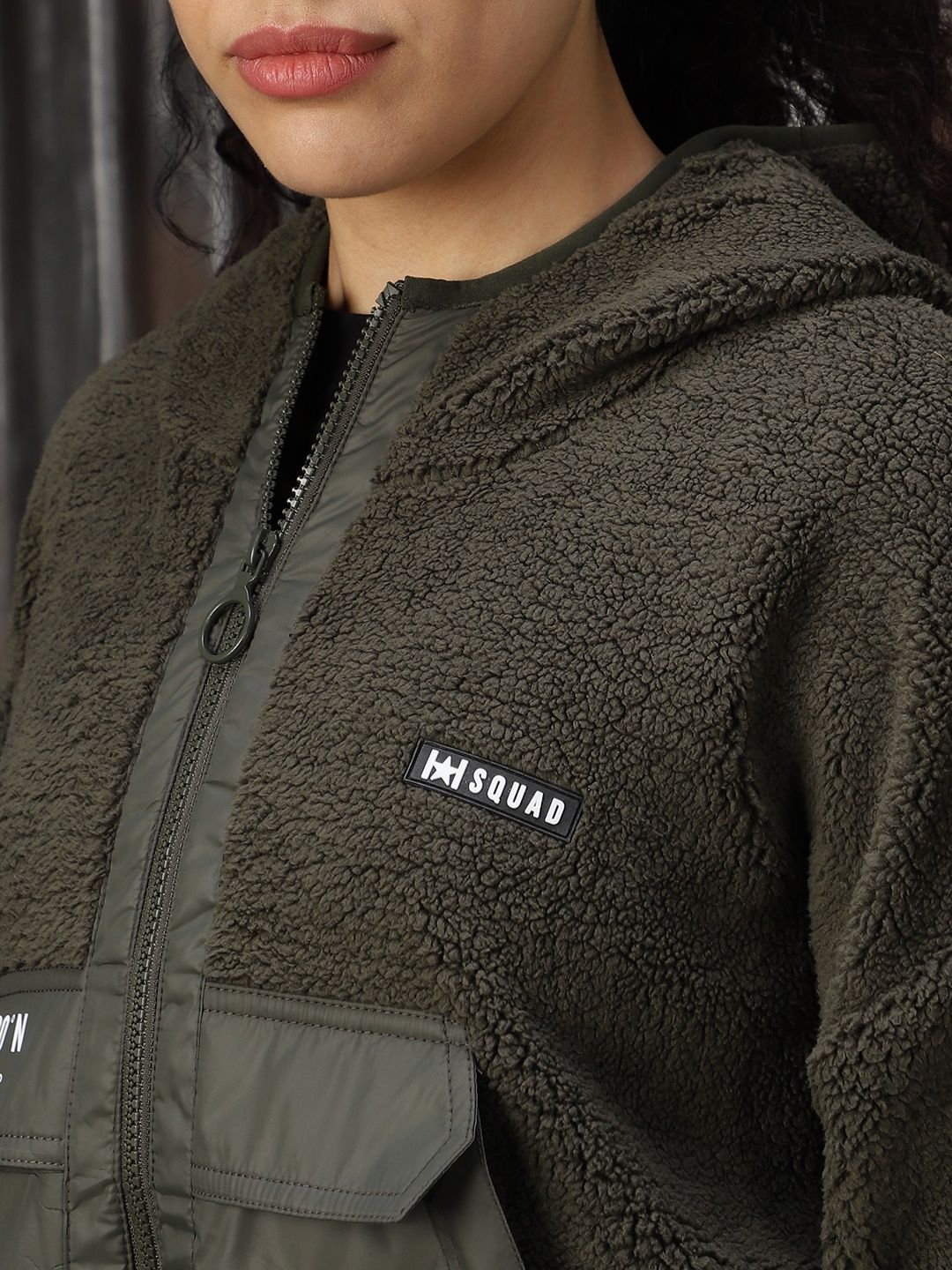 High Star Women's Self Design Hooded Front-Open Crop Sweatshirt | Olive - L