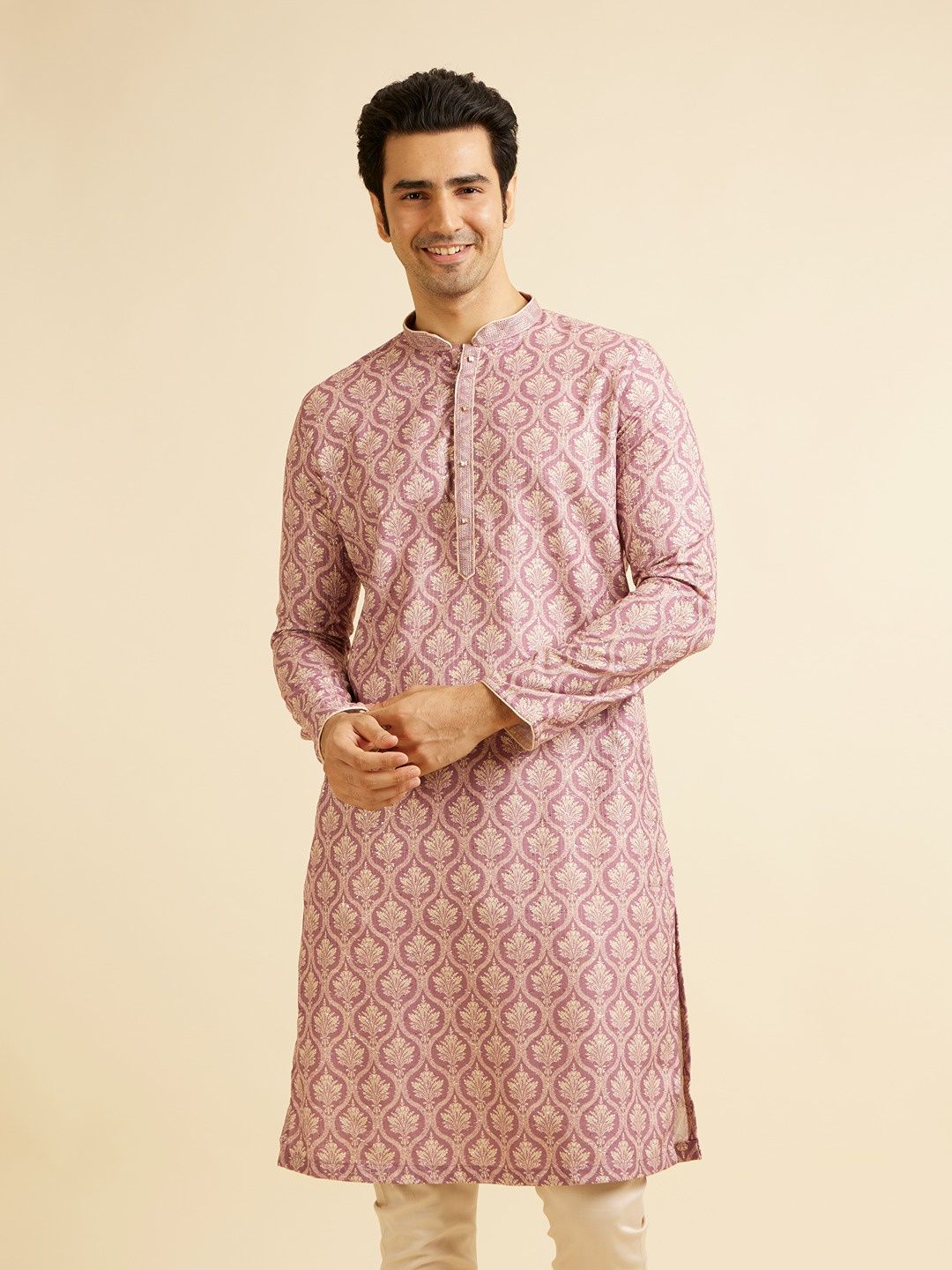 Manyavar Pink Blended Cotton Printed Kurta Set | S