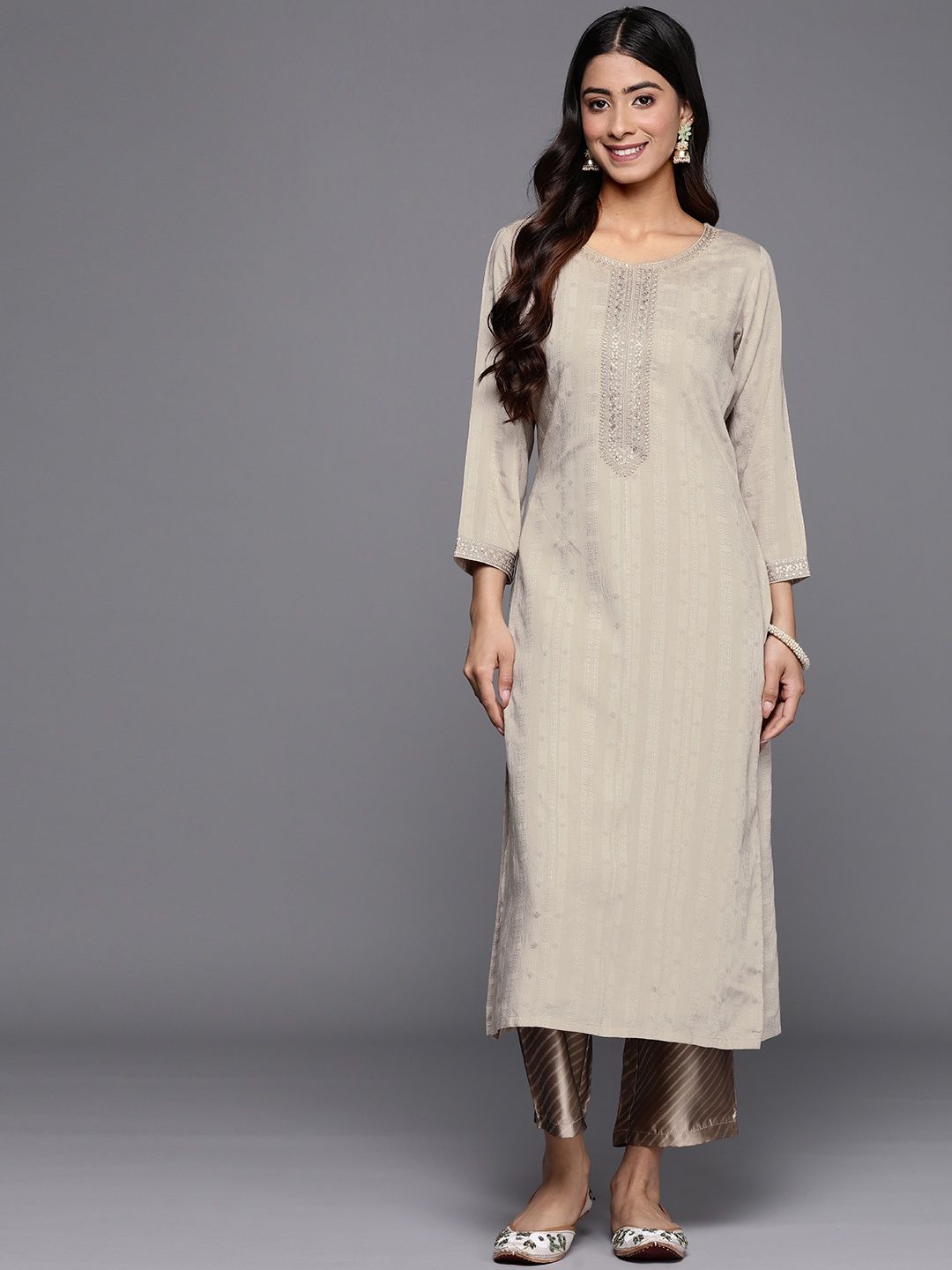 Libas Women Taupe Viscose (Dobby) Self Design With Zari Work Straight Kurta - 28069XL