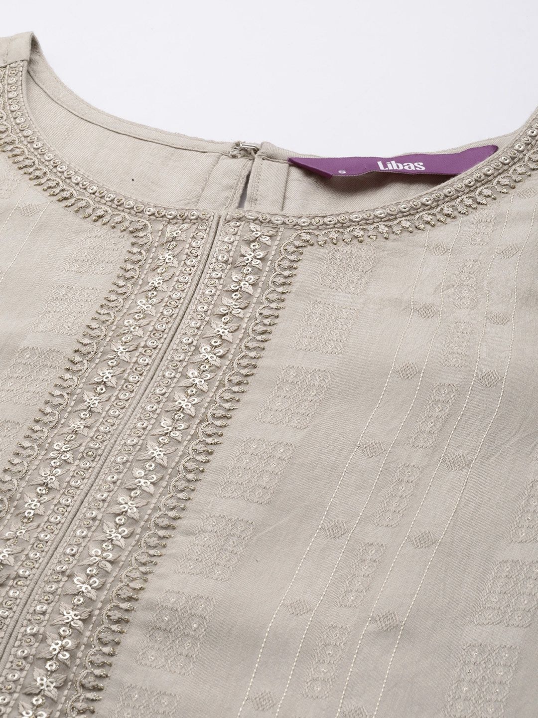 Libas Women Taupe Viscose (Dobby) Self Design With Zari Work Straight Kurta - 28069XL