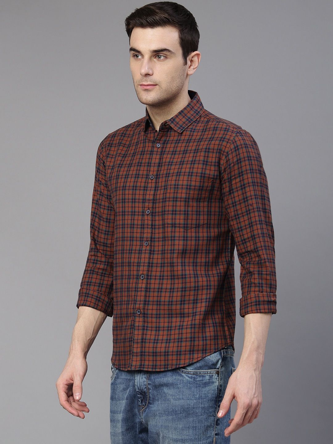 Dennis Lingo Men's Checkered Slim Fit Casual Shirt | Khaki | S