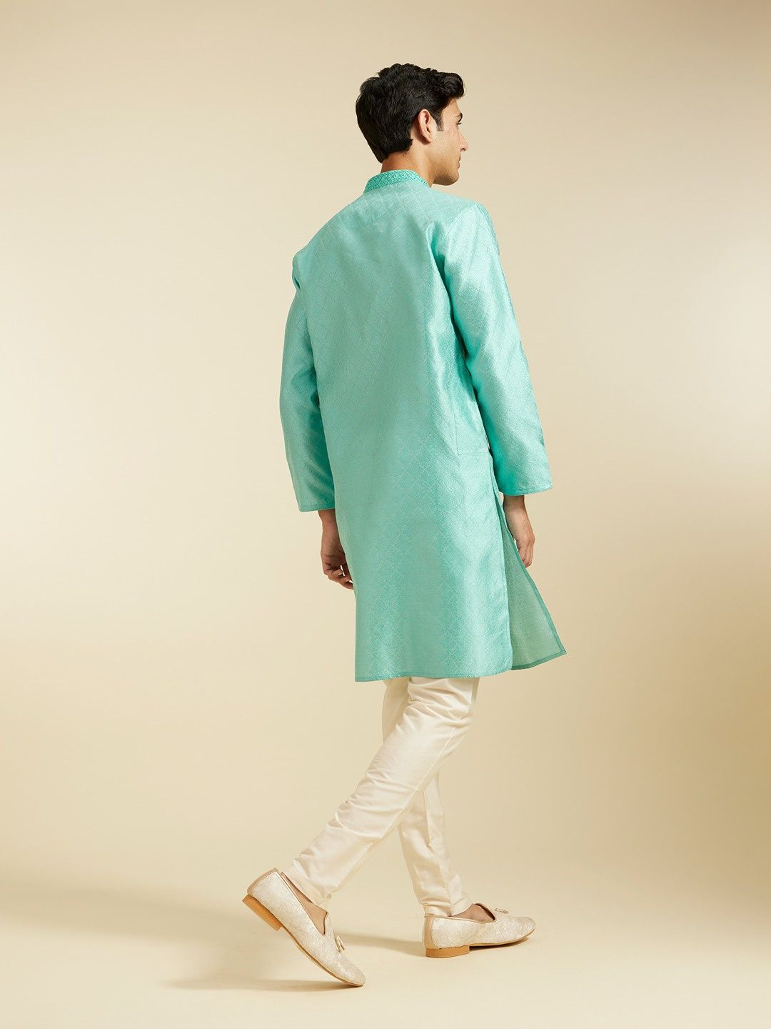Diwas By Manyavar Green Art Silk Thread Work Self Design Kurta Set | L