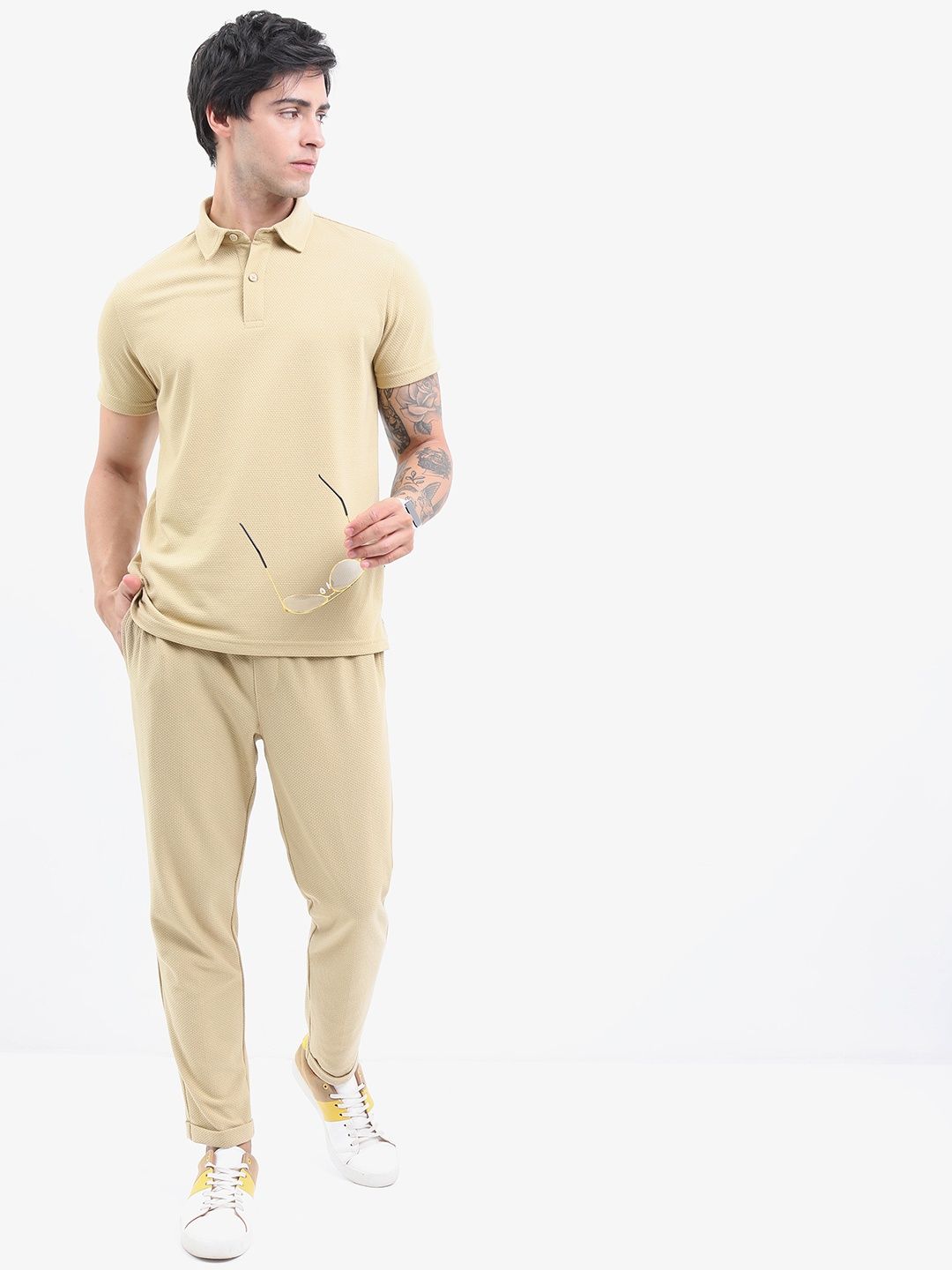 Highlander Men's Popcorn Structured Regular Fit Polo Collar T-shirt | Cream | M