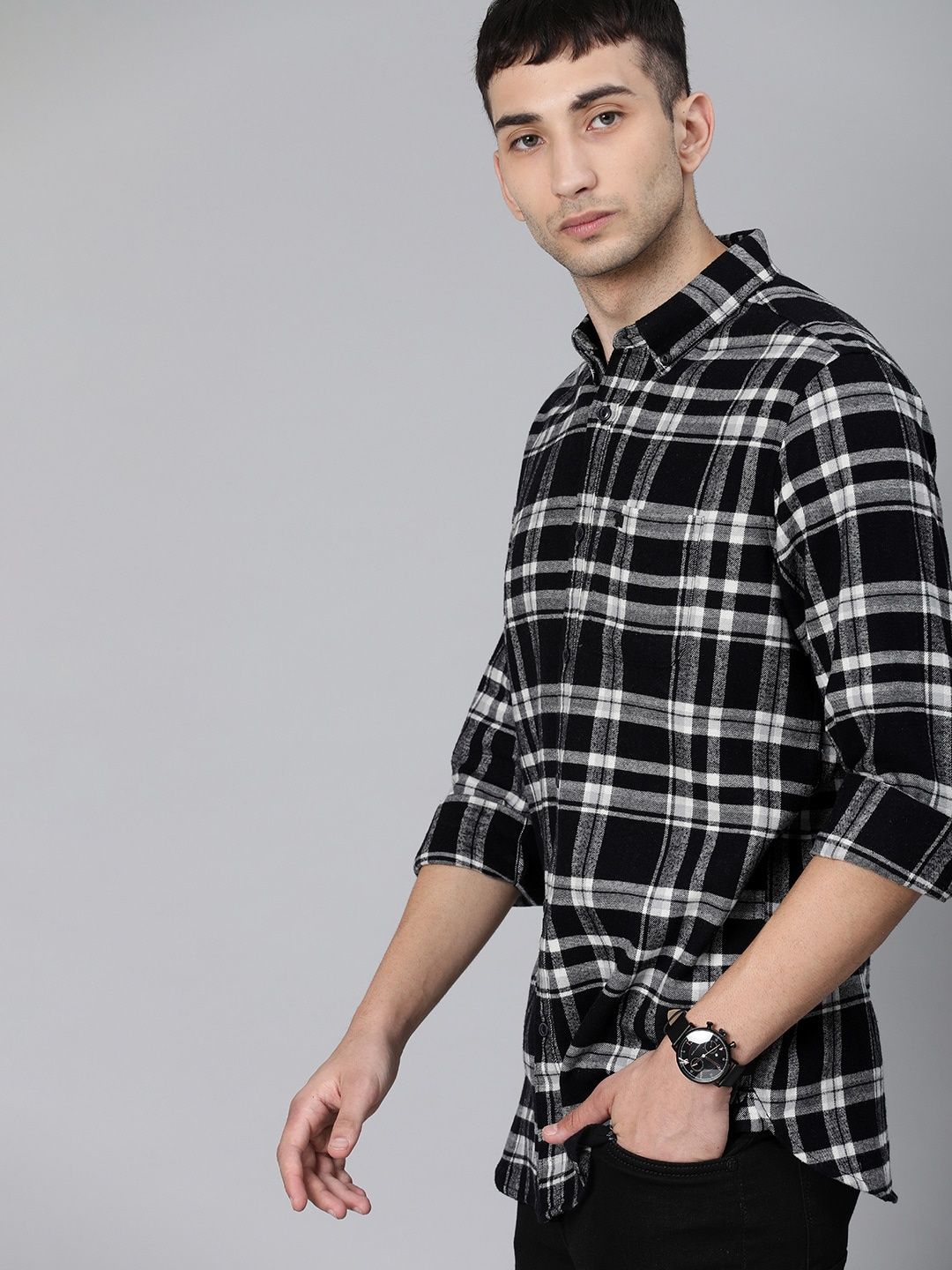 The Bear House Men Slim Fit Flannel Button-Down Casual Shirt - Tally | Black | S