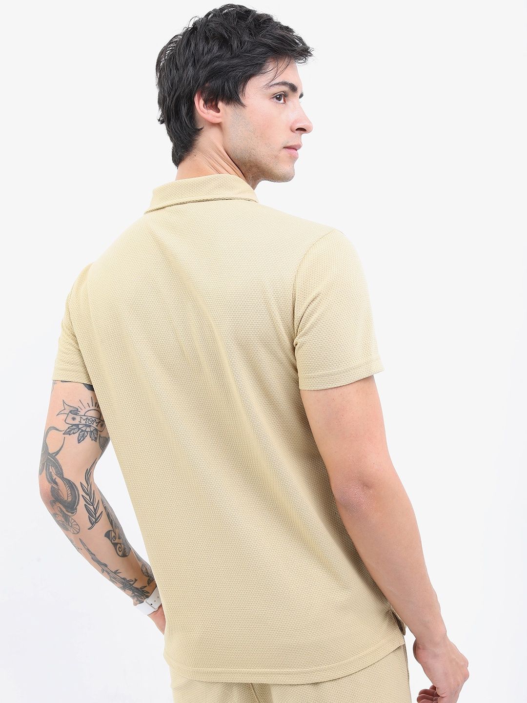 Highlander Men's Popcorn Structured Regular Fit Polo Collar T-shirt | Cream | M