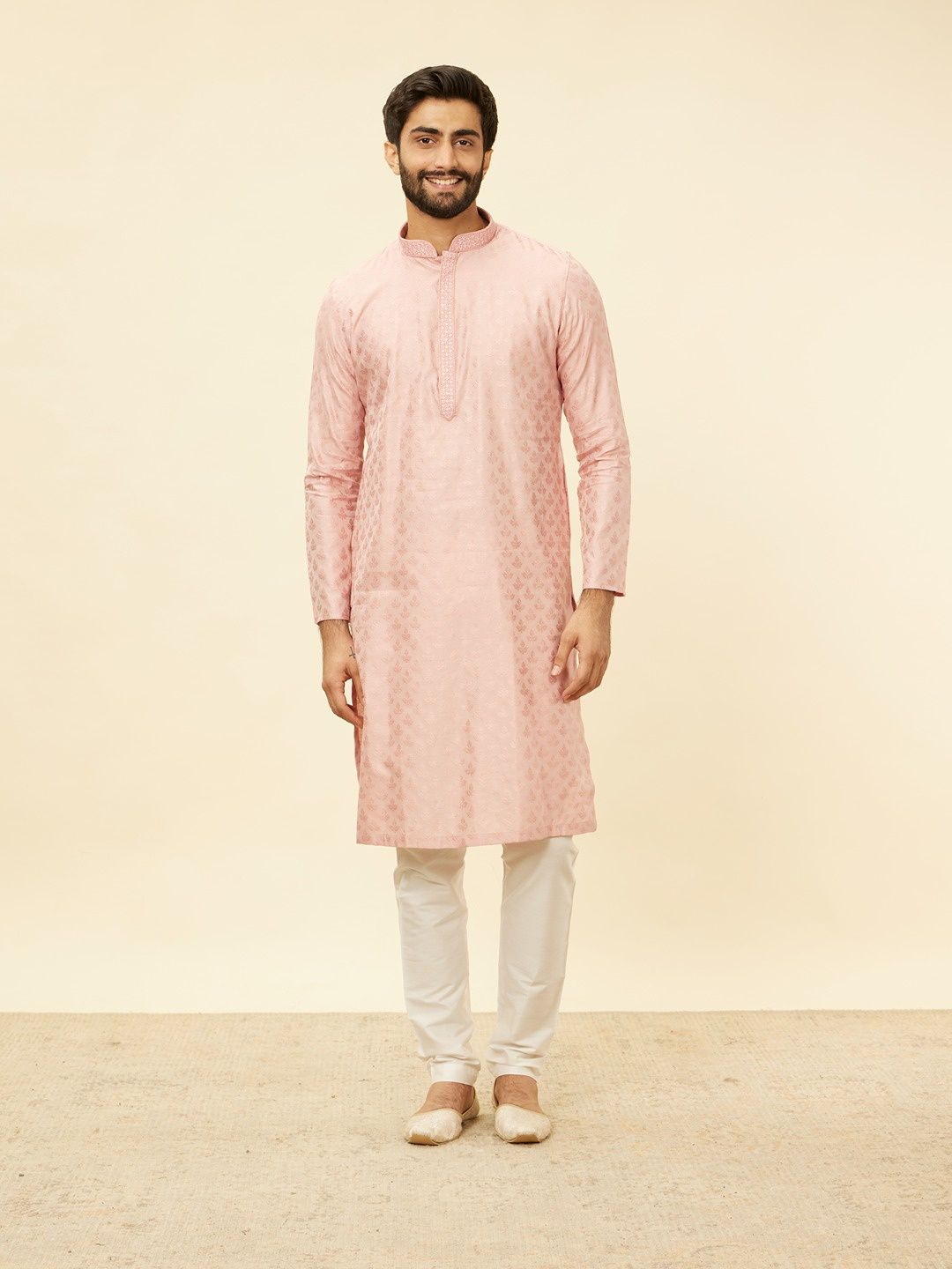 Manyavar Pink Blended Viscose Self Design Kurta Set | XXL