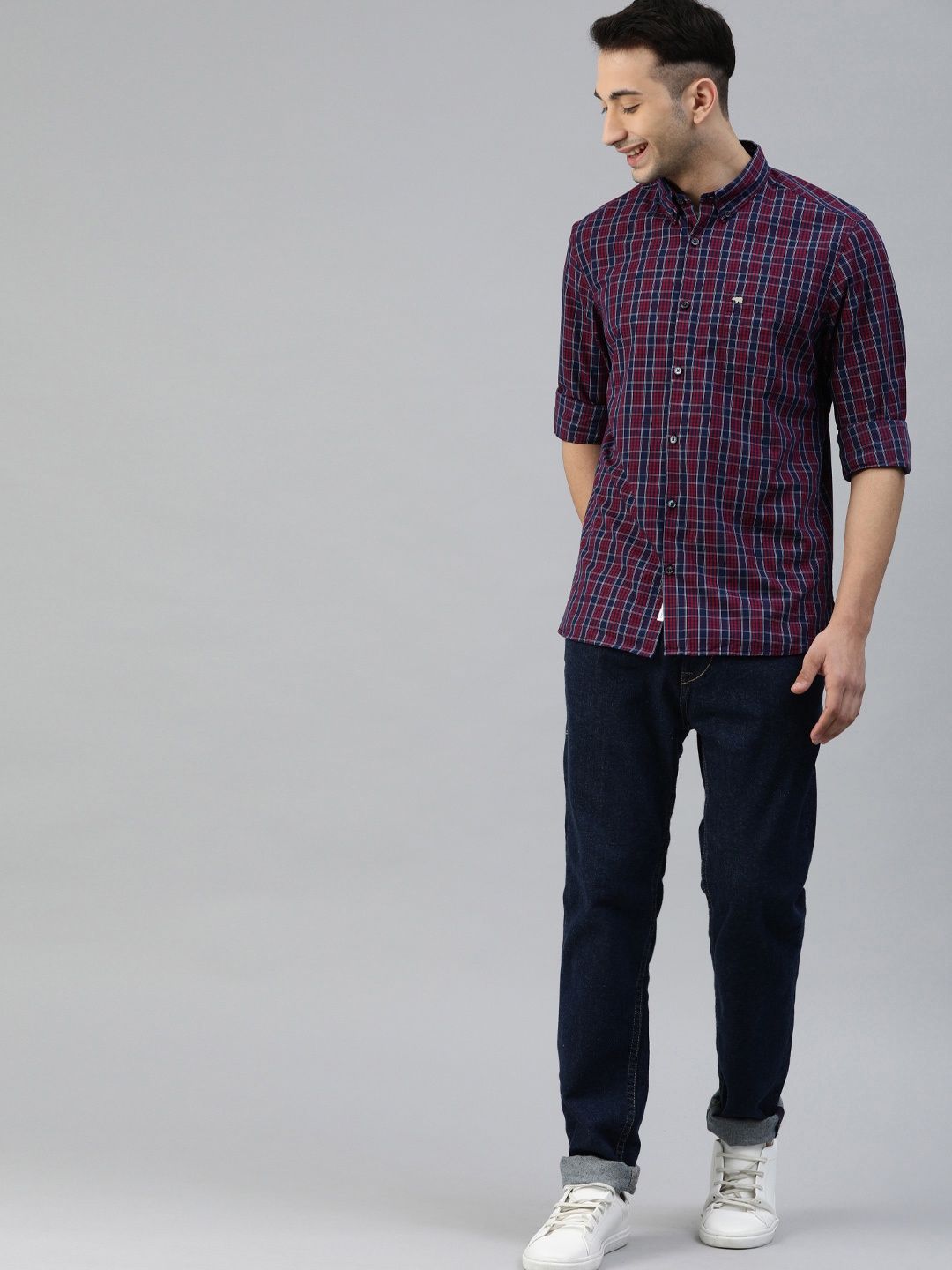 The Bear House Men Slim Fit Checked Button-Down Casual Shirt - Aliston | Red | XXL